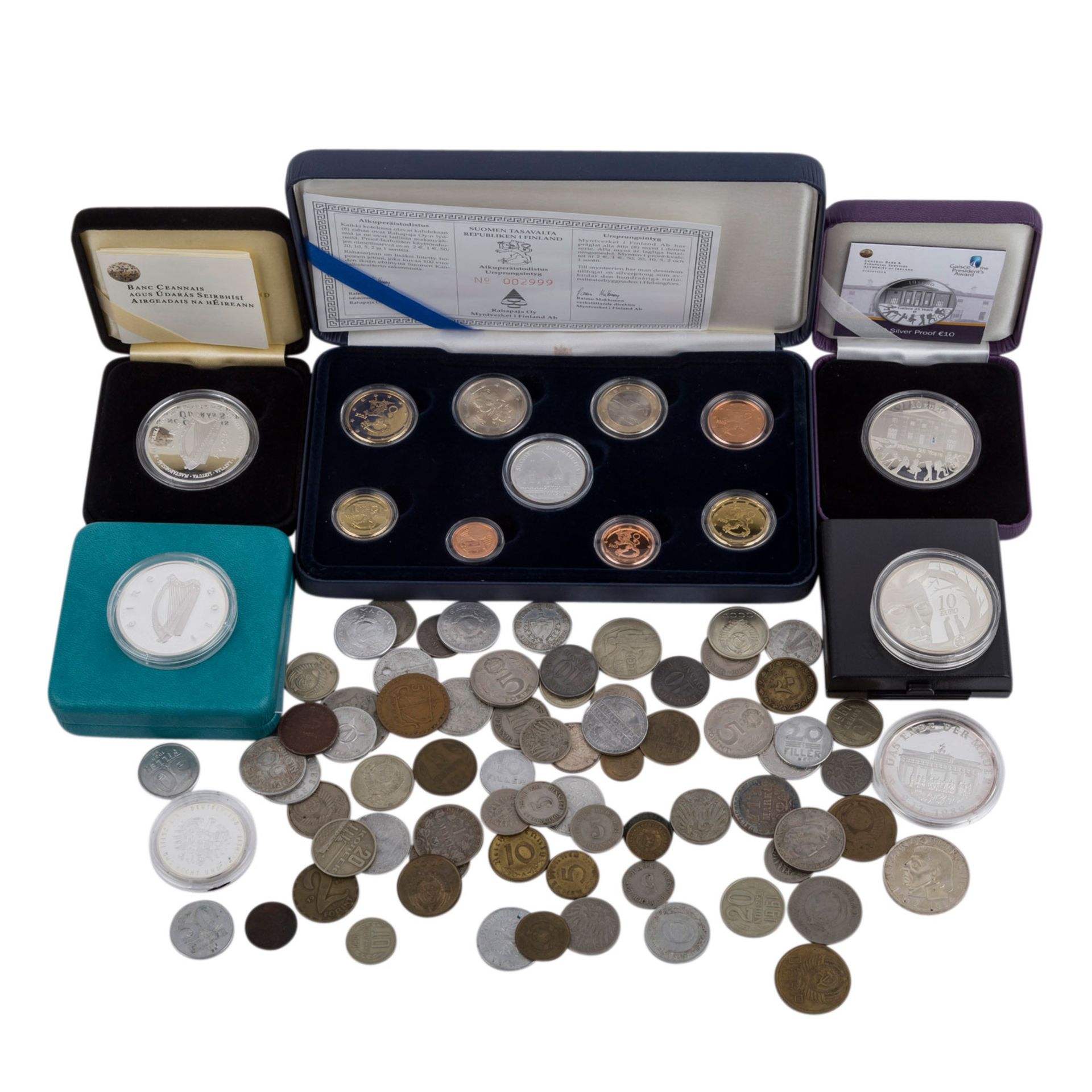 Restelot mit u.a. Prestige Kursmünzensatz Finnland 2002mit Medaille und 1 Cent bis 2 Euro Münzen,