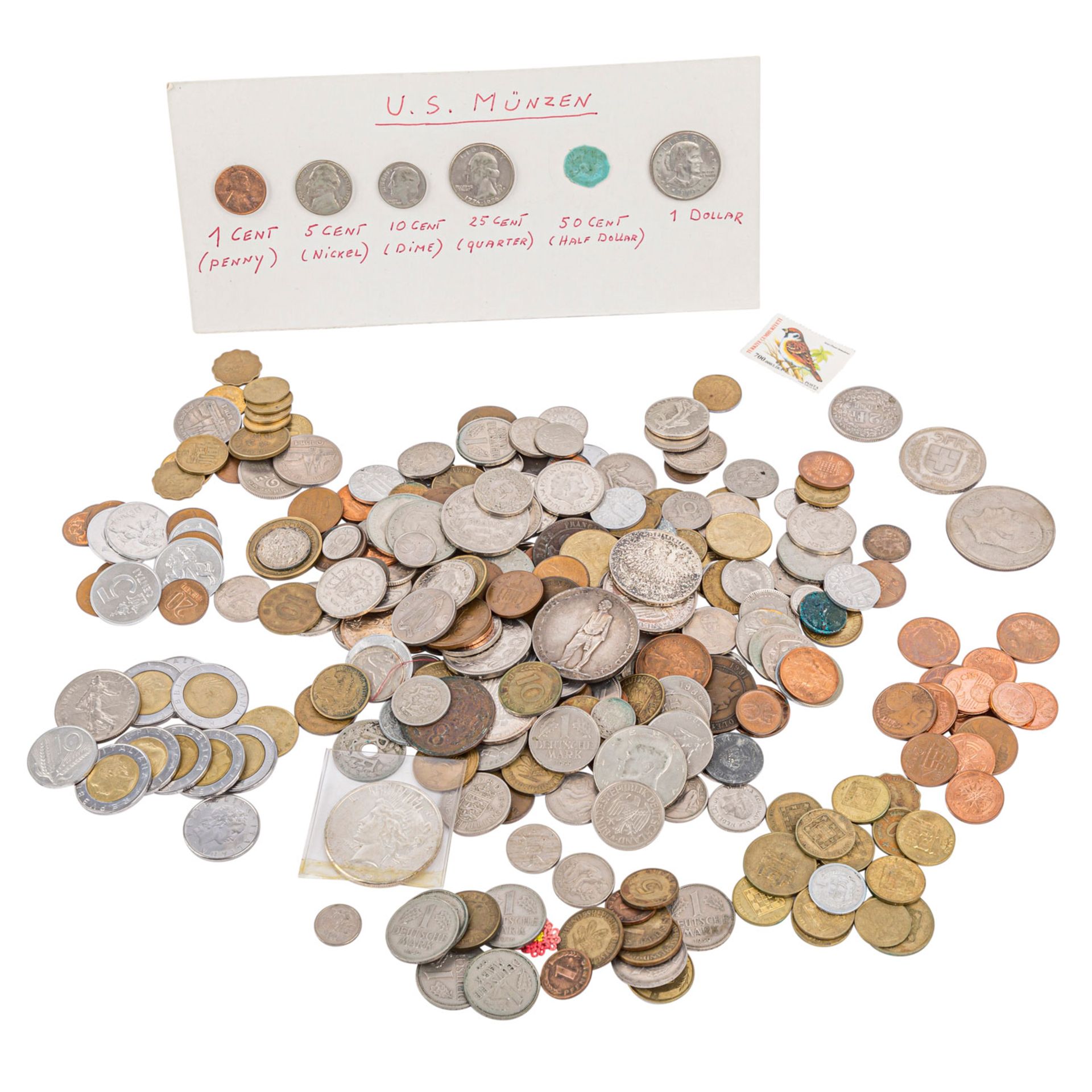 Konvolut aus unterschiedlichen Münzen,z. B. USA/1 Dollar, Deutschland/10 Deutsche Mark und Belgien/5