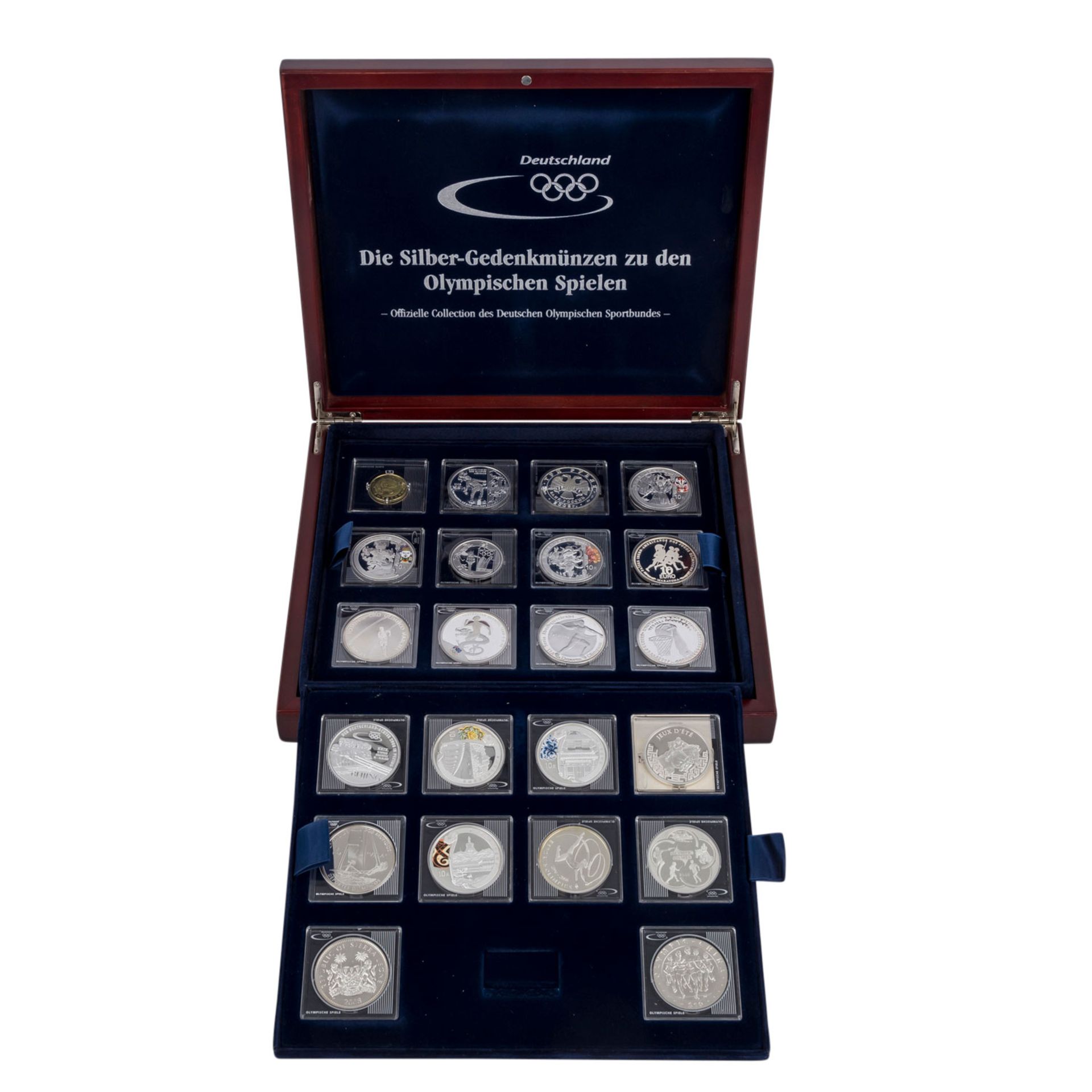 Silber-Gedenkmünzen zu den Olympischen Spielen,22 Stück, u.a. China 6 x 10 Yuan mit