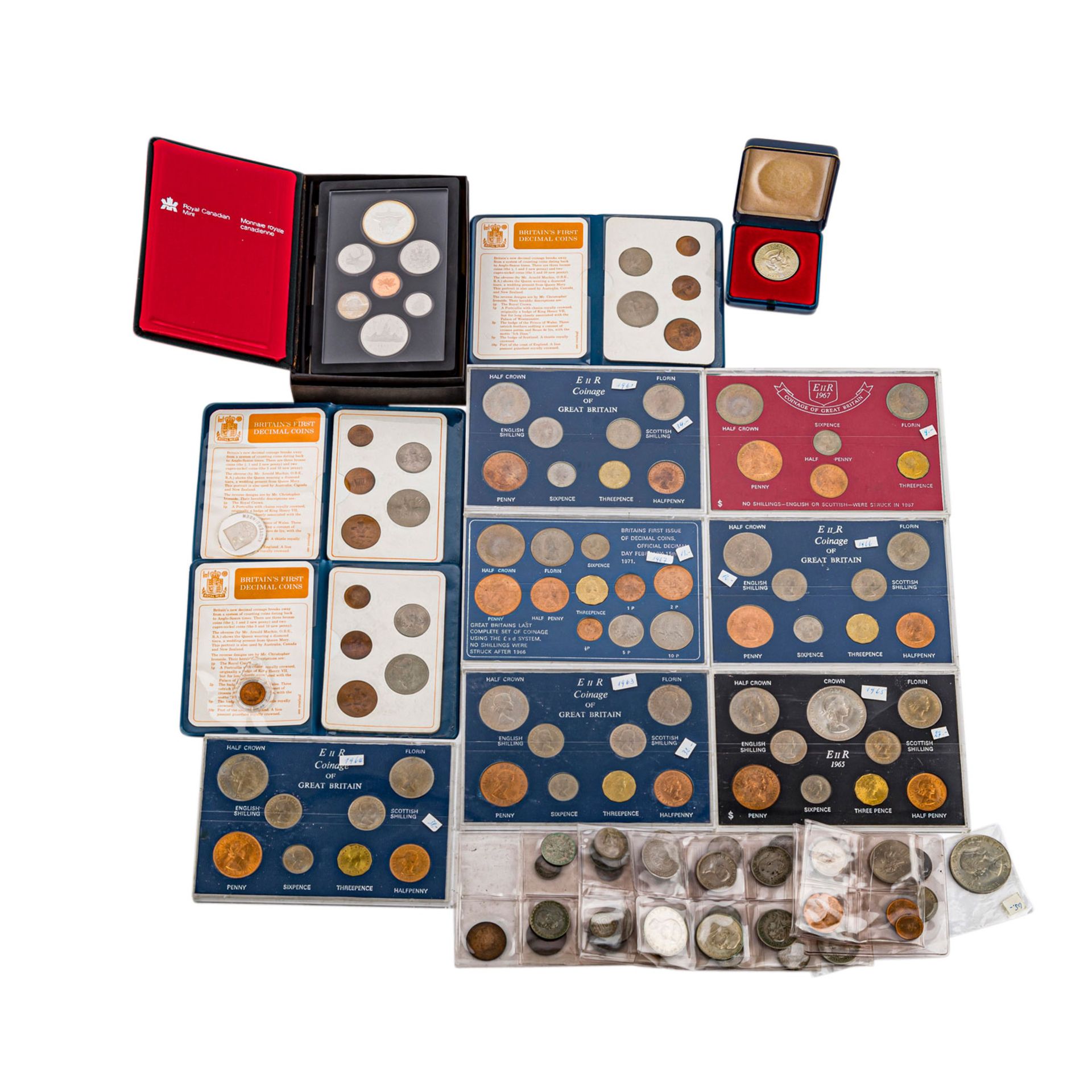 Diverse Münzen und Medaillen, darunterüberwiegend Kursmünzensätze Großbritannien und Kanada. Dazu