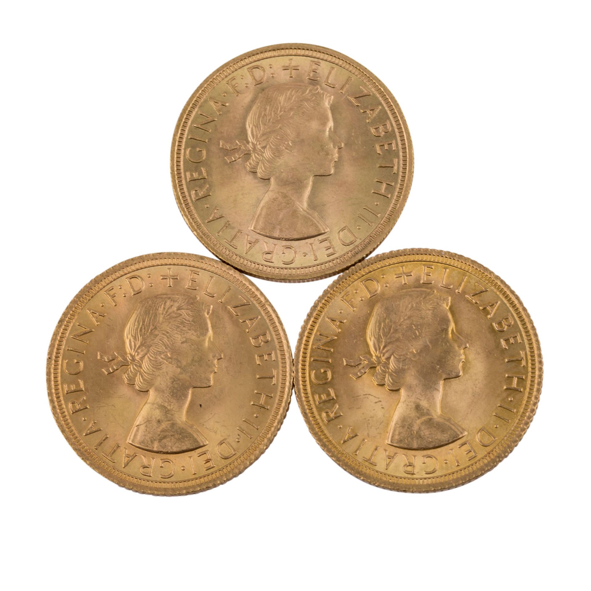 3-teiliges GOLDkonvolut GB -3 x GB - 1 Sovereign 1957/ 1965/ 1967, Elizabeth II. mit Schleife, ss-