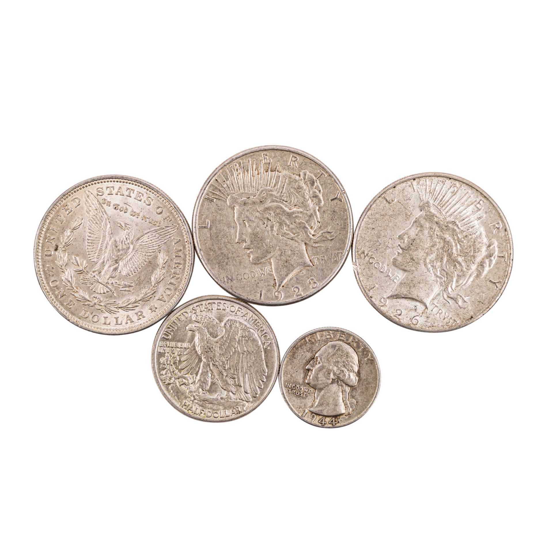USA - 15 Dollars Typ Peace Dollar oder Typ Morgan Dollar,dazu 1/2 Dollar 1945 und Quarter Dollar - Bild 2 aus 2