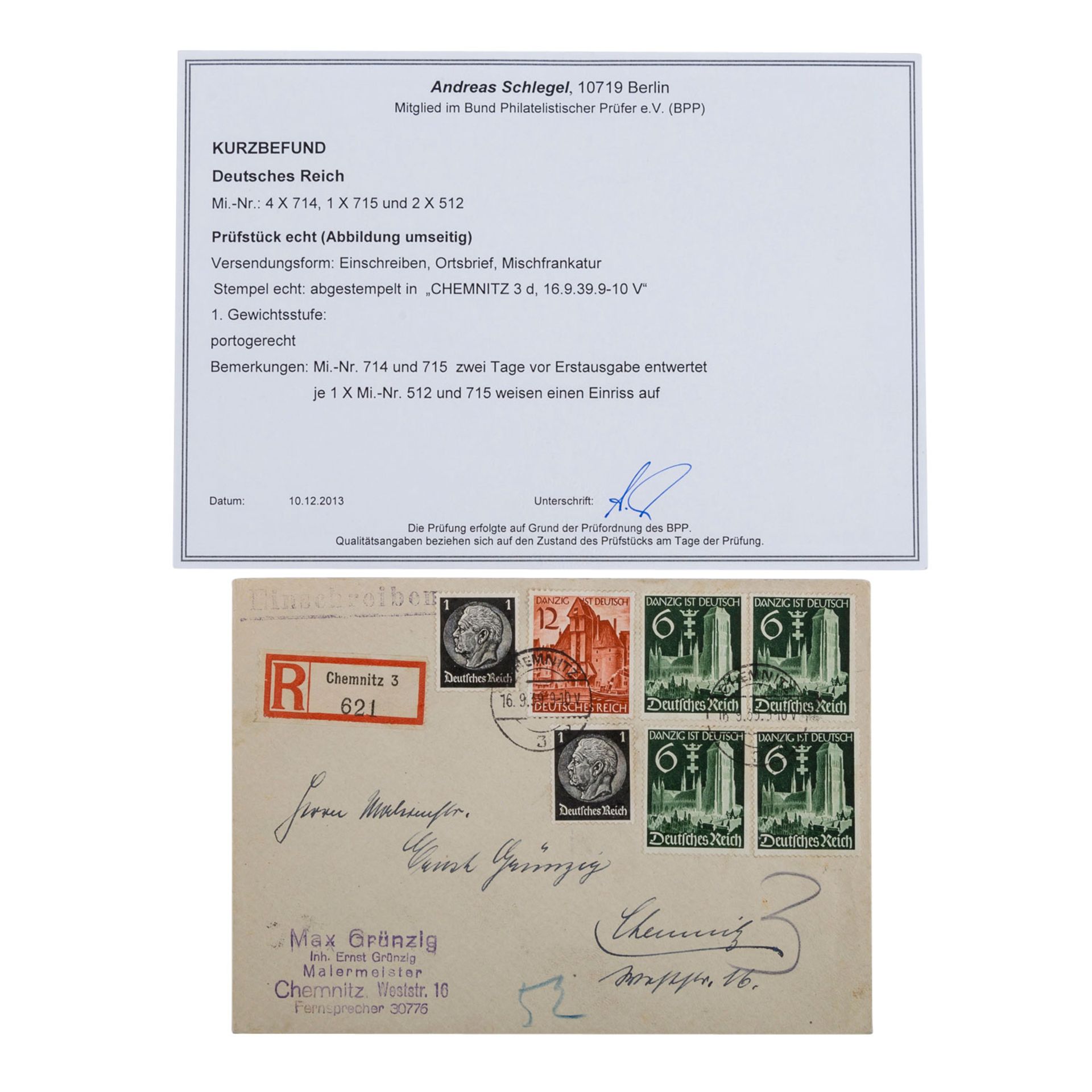 Deutsches Reich 1939,absolutes Liebhaberstück. Beleg mit 4 x 714, 1 x 715, 2 x 512. Portogerecht, 1.