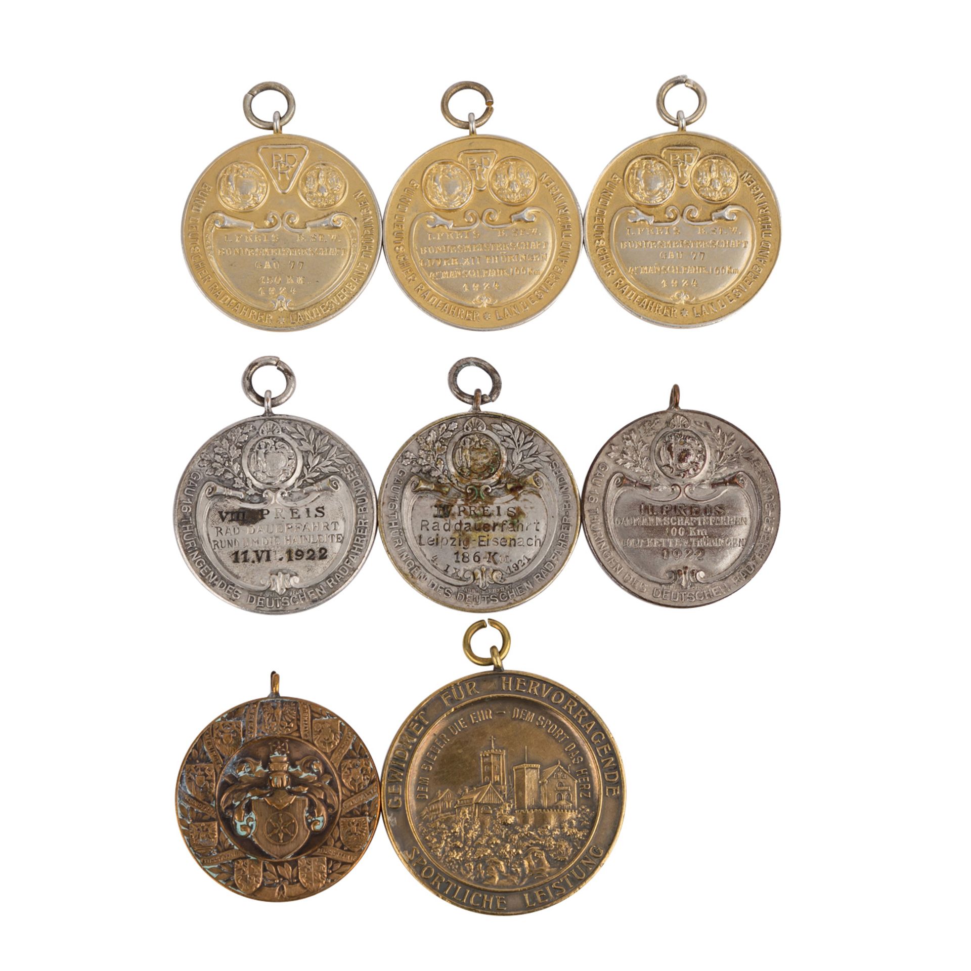 8 Medaillen Thematik Radsport 1920-er Jahre,Silber vergoldet und anderes Material, Gau 16 - Bild 2 aus 2