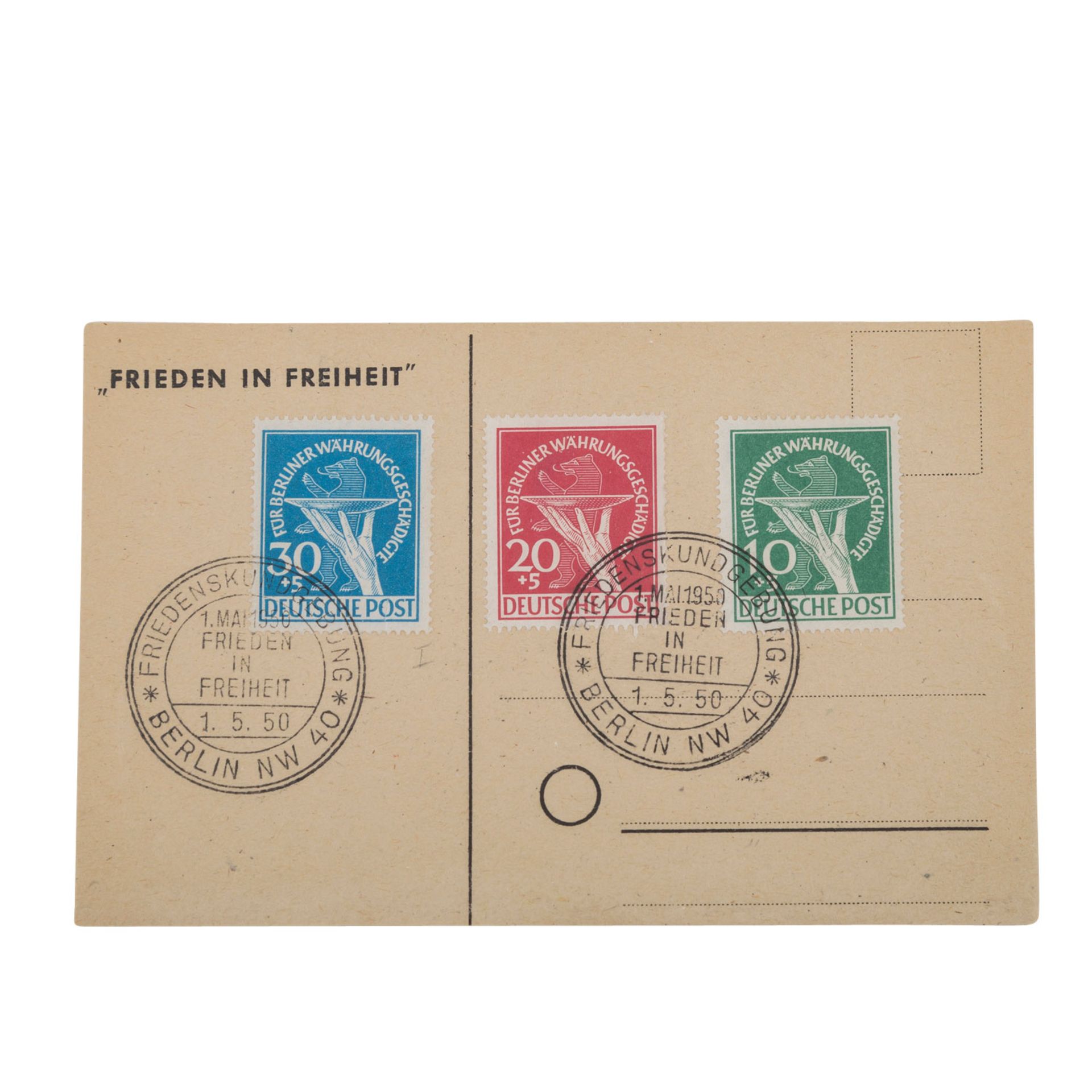 Berlin 1949,MiNr. 68/70 auf Postkarte 1. Mai 1950, selten, mit Abart 70 I.Berlin 1949, MiNr. 68/70