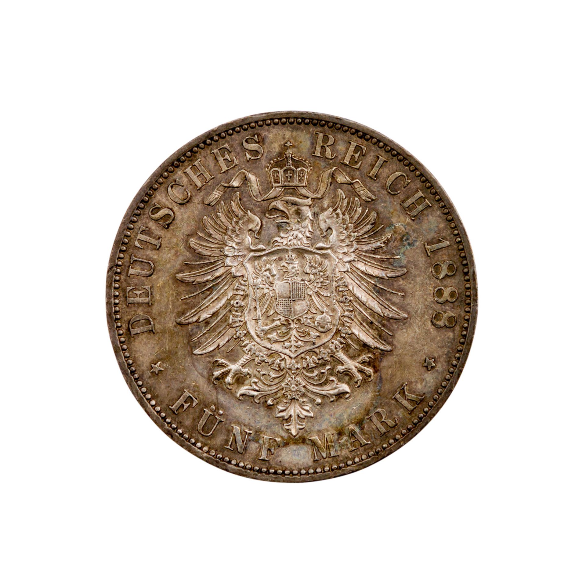 Preussen - 5 Mark 1888, Friedrich,ss+, PatinaPrussia, 5 Mark 1888, Friedrich, vf.+- - -27.00 % - Bild 2 aus 2