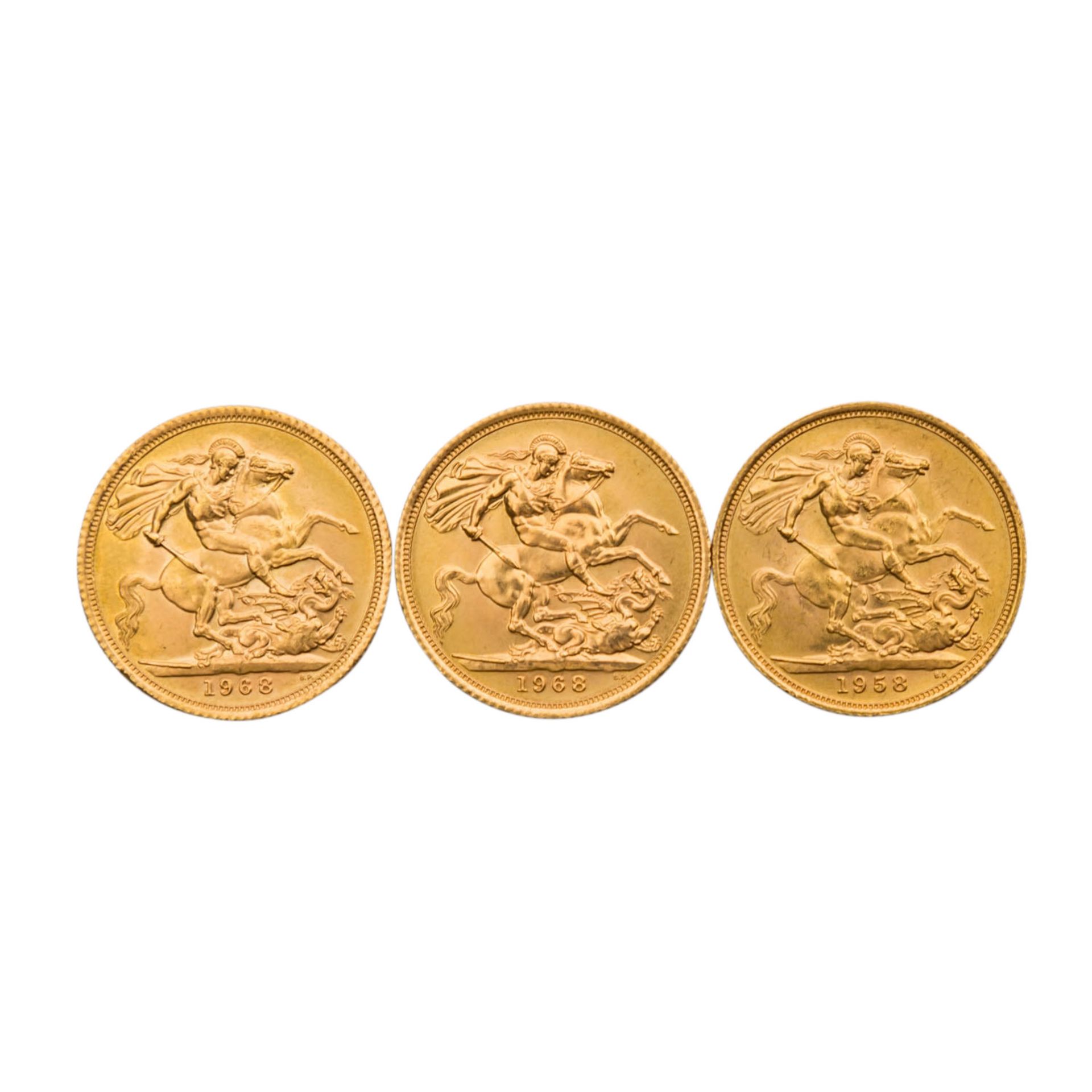 Goldenes Investmentkonvolut GB -3 x GB - 1 Sovereign 1958/1968 (2x), Elizabeth II., mit Schleife, - Bild 2 aus 2