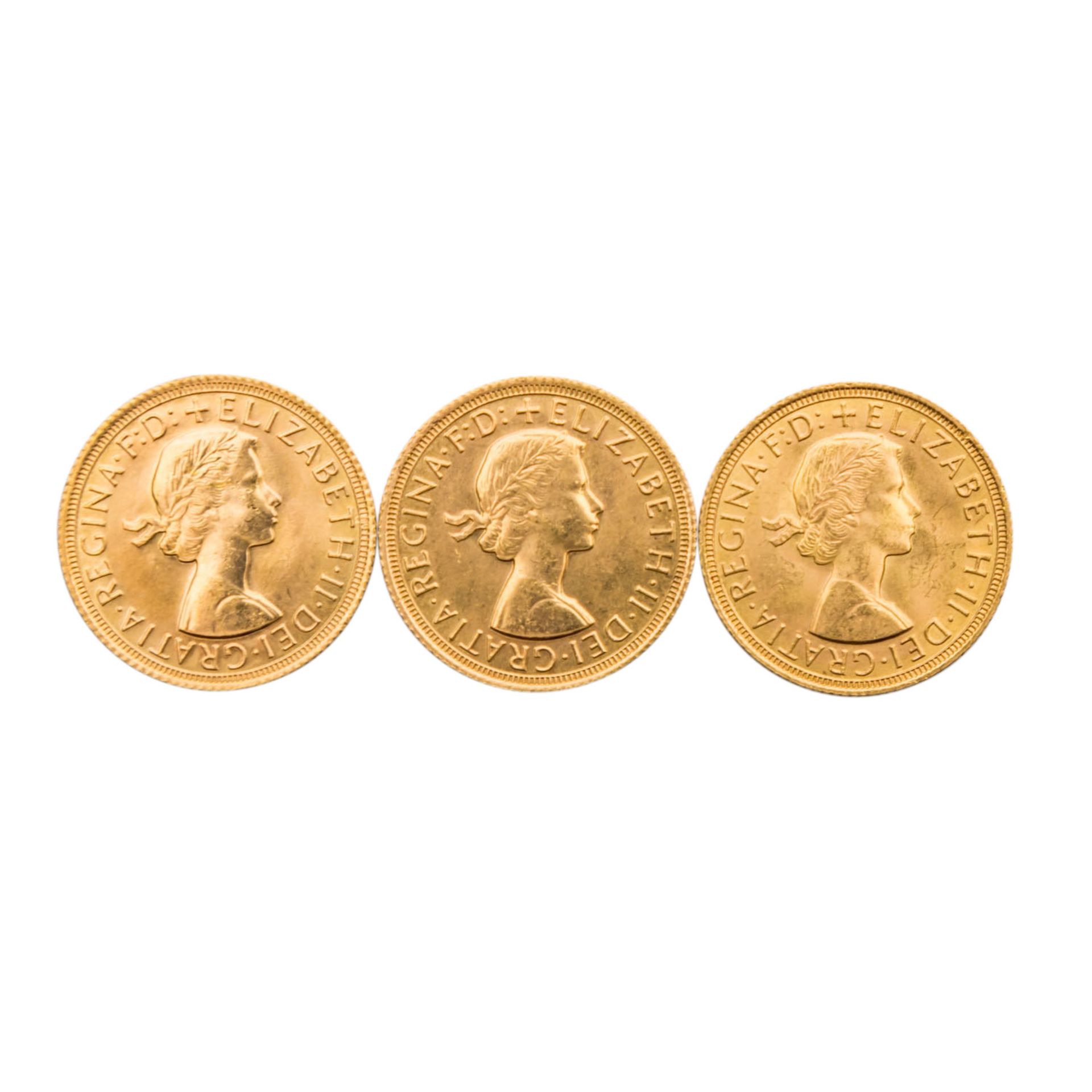 Goldenes Investmentkonvolut GB -3 x GB - 1 Sovereign 1958/1968 (2x), Elizabeth II., mit Schleife,