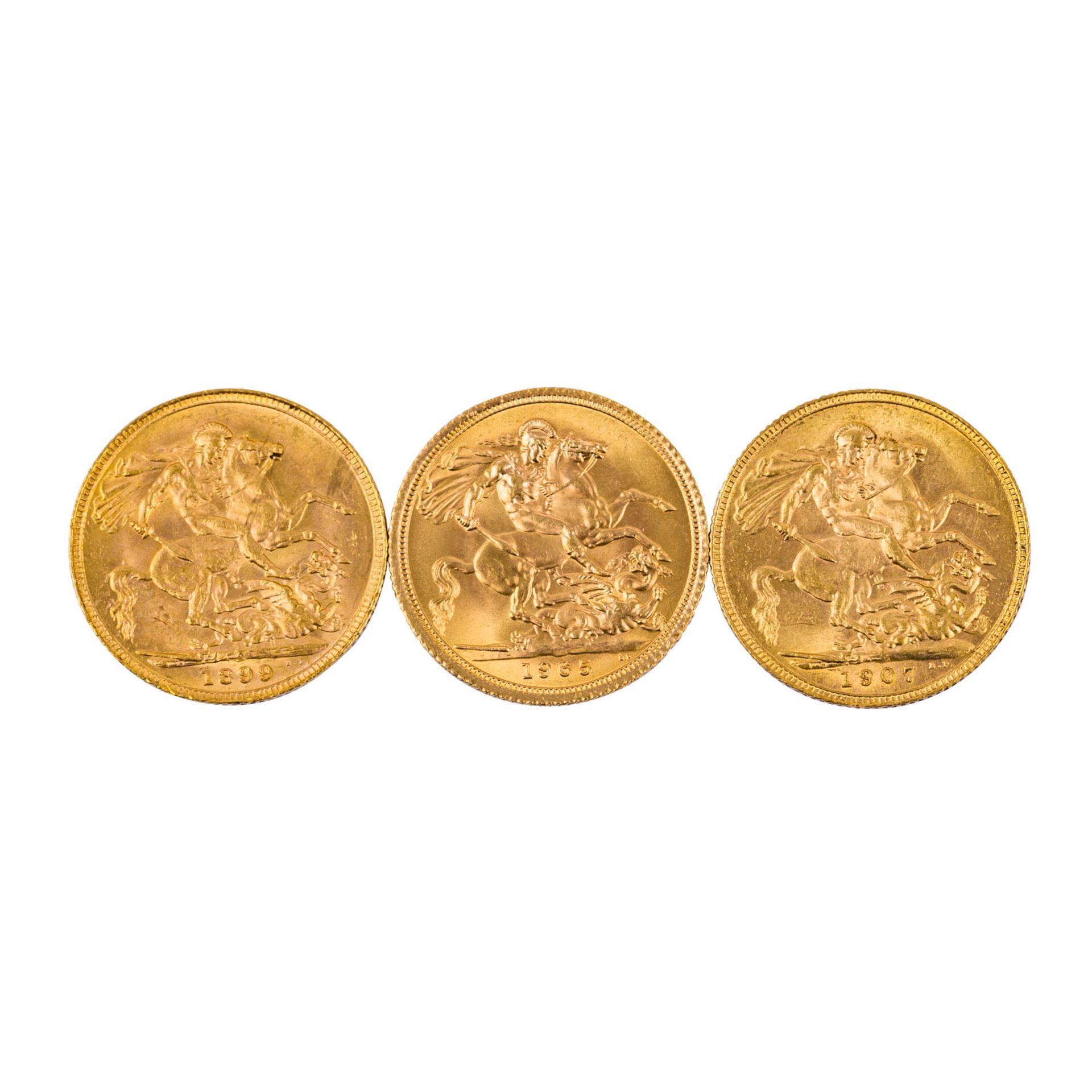 GB Gold - 3 x Sovereign,Victoria 1899/o. Mz.; Edward 1907, Elizabeth mit Schleife 1965, ca. 22 Gramm - Bild 3 aus 3