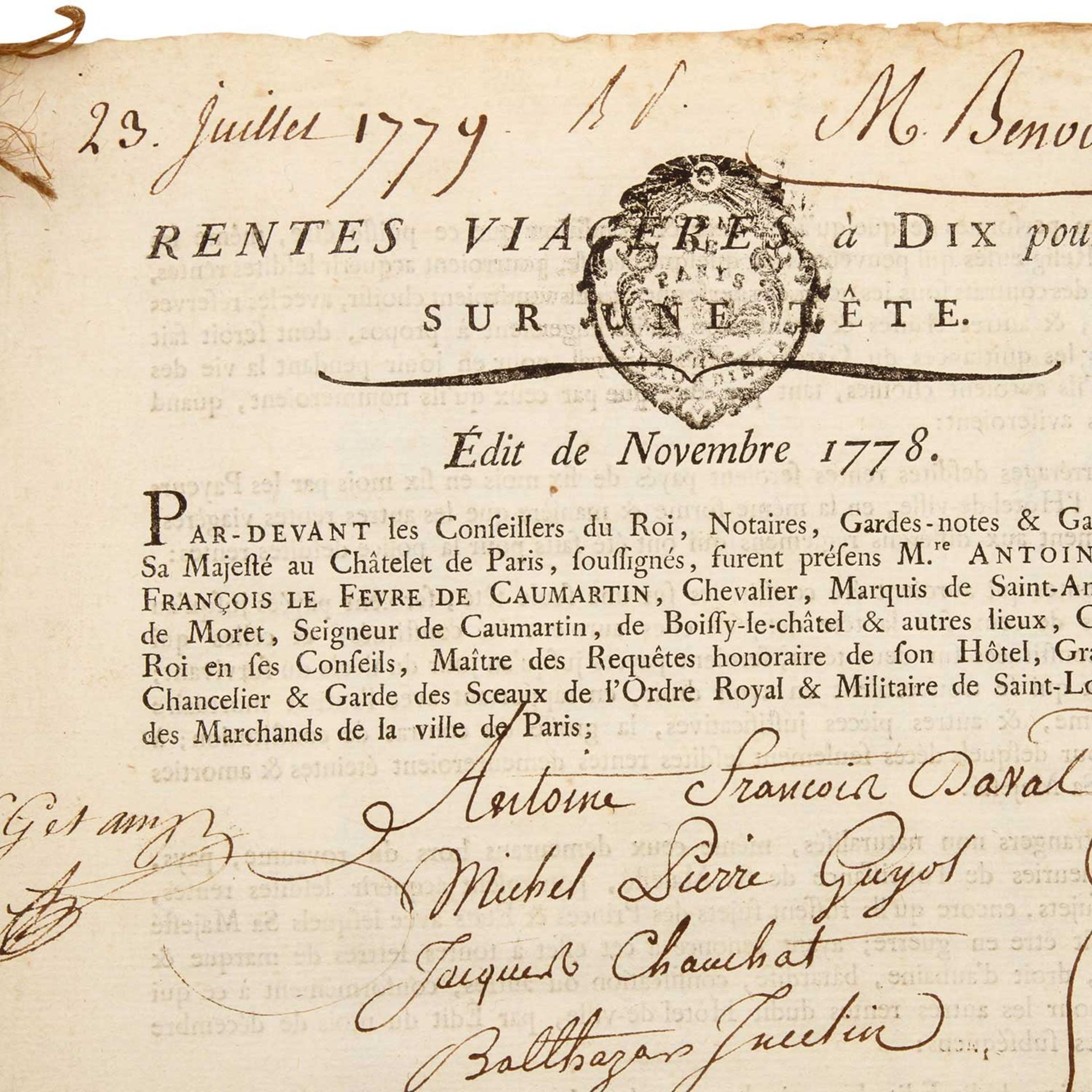 Interessantes Dokument zur Leibrente, Frankreich 18.Jh. -"Rentes viagères à Dix pour Cent, sur une - Bild 6 aus 6