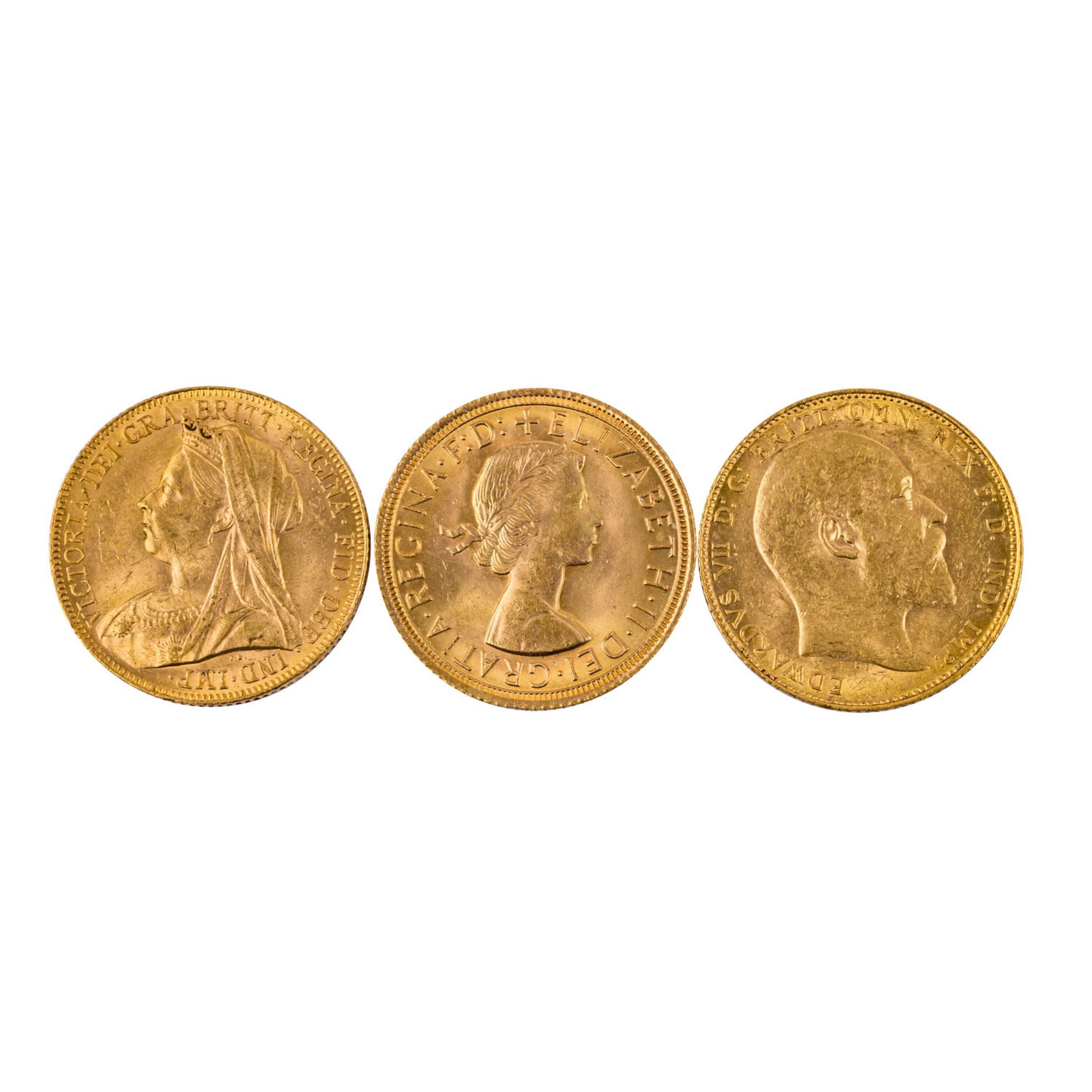 GB Gold - 3 x Sovereign,Victoria 1899/o. Mz.; Edward 1907, Elizabeth mit Schleife 1965, ca. 22 Gramm - Bild 2 aus 3