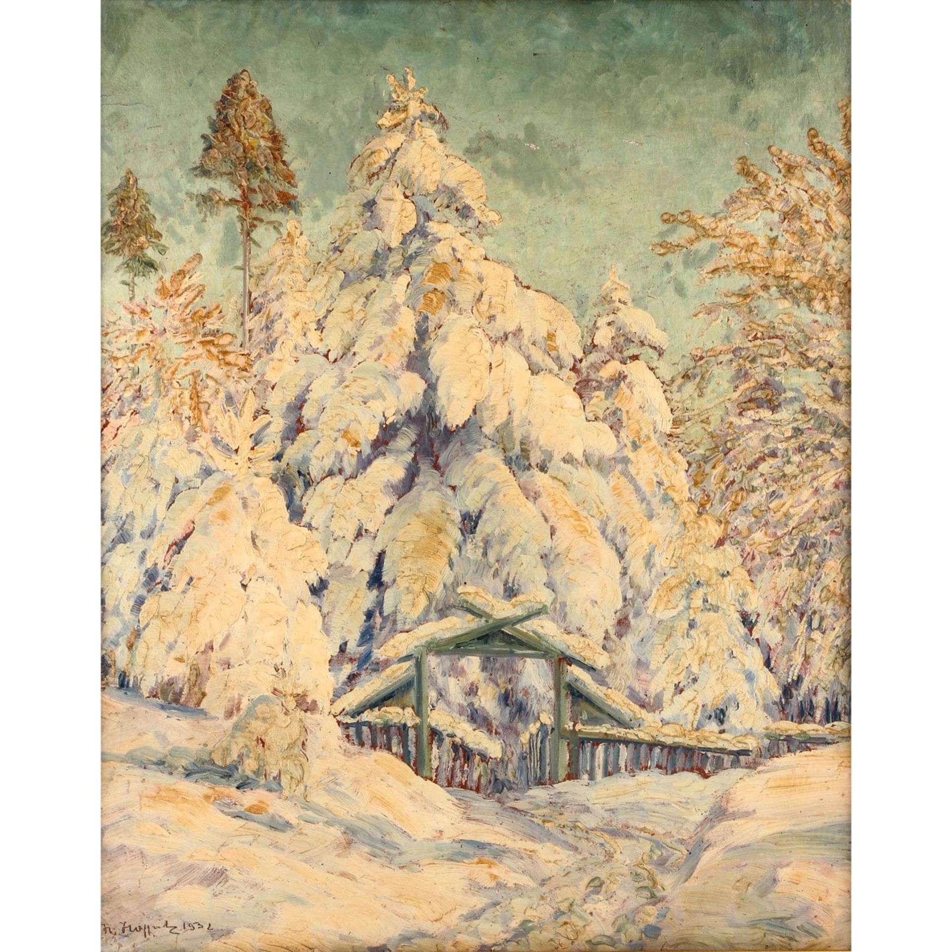 HOFFRITZ, HEINRICH (Maler 19./20. Jh.), "Romantische Winterlandschaft mit verschneiten Tannen",u.li.