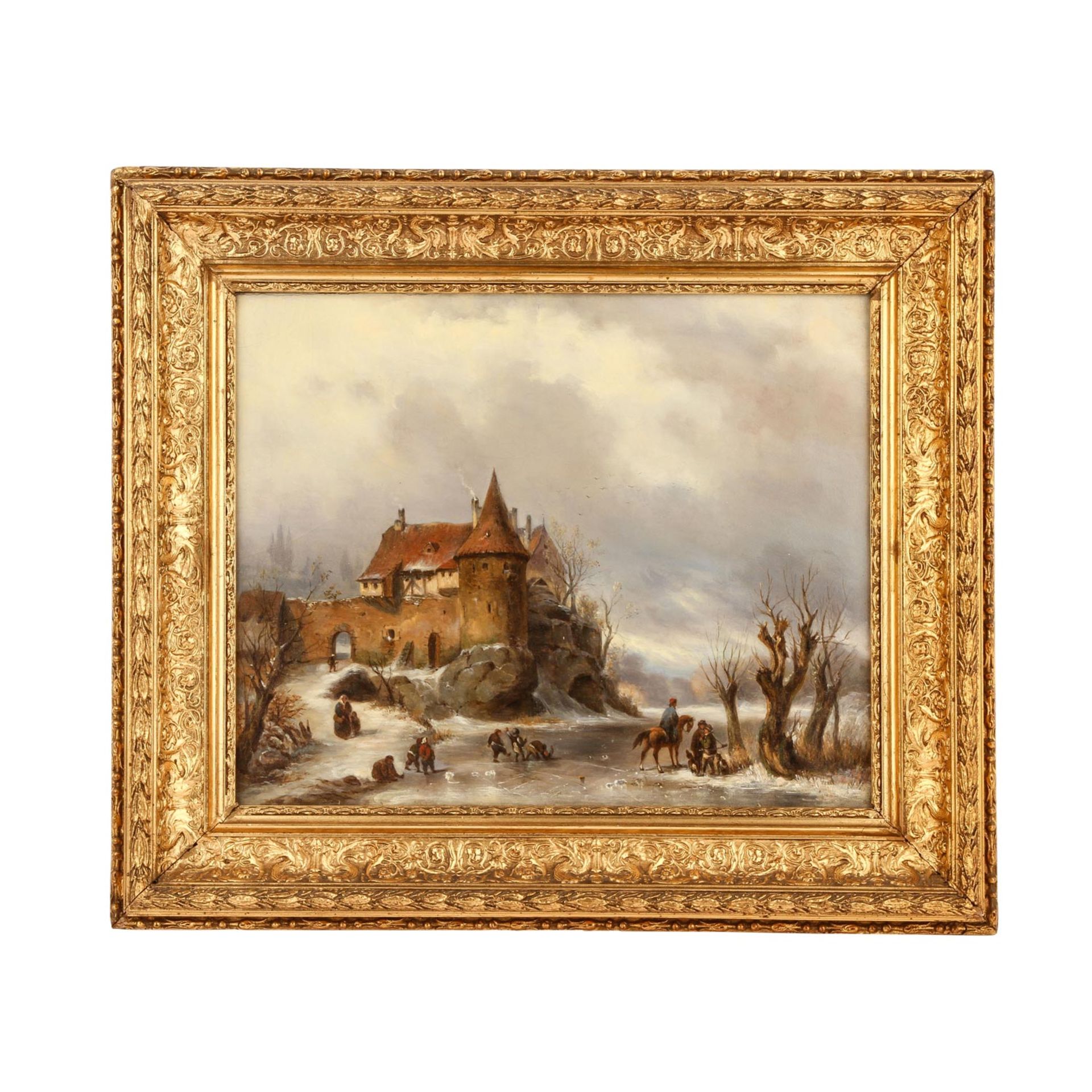 SALZER, Friedrich, ATTR. (1827-1876), "Eisvergnügen am Rande der Stadt",spielende Kinder und Jäger - Bild 2 aus 4