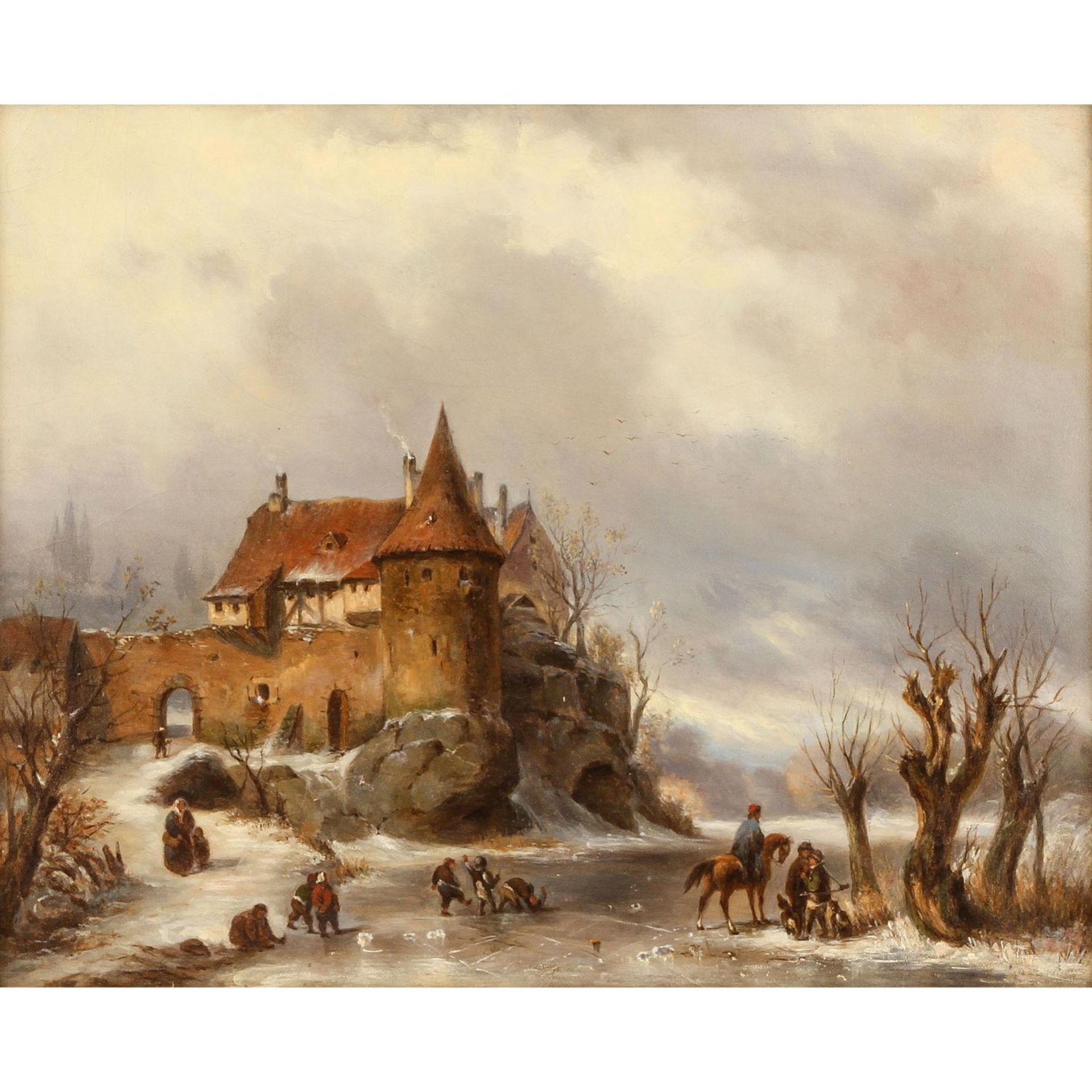 SALZER, Friedrich, ATTR. (1827-1876), "Eisvergnügen am Rande der Stadt",spielende Kinder und Jäger