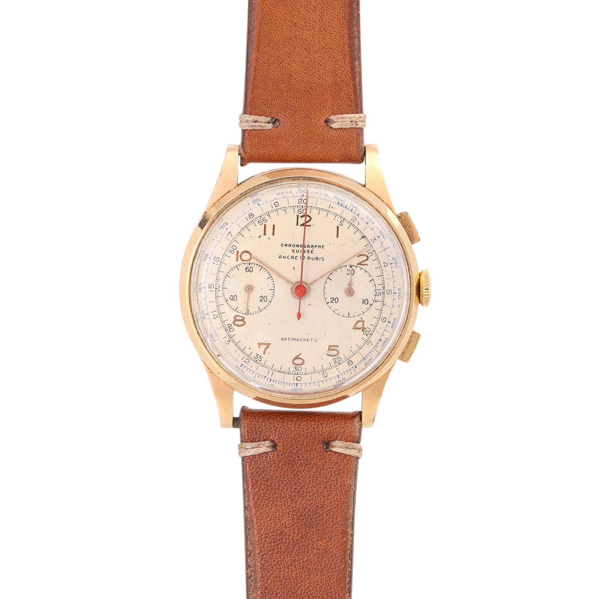 CHRONOGRAPHE SUISSE Vintage Chronograph Herrenuhr, ca. 1950er Jahre.Gehäuse Gold 18K (Staubdeckel