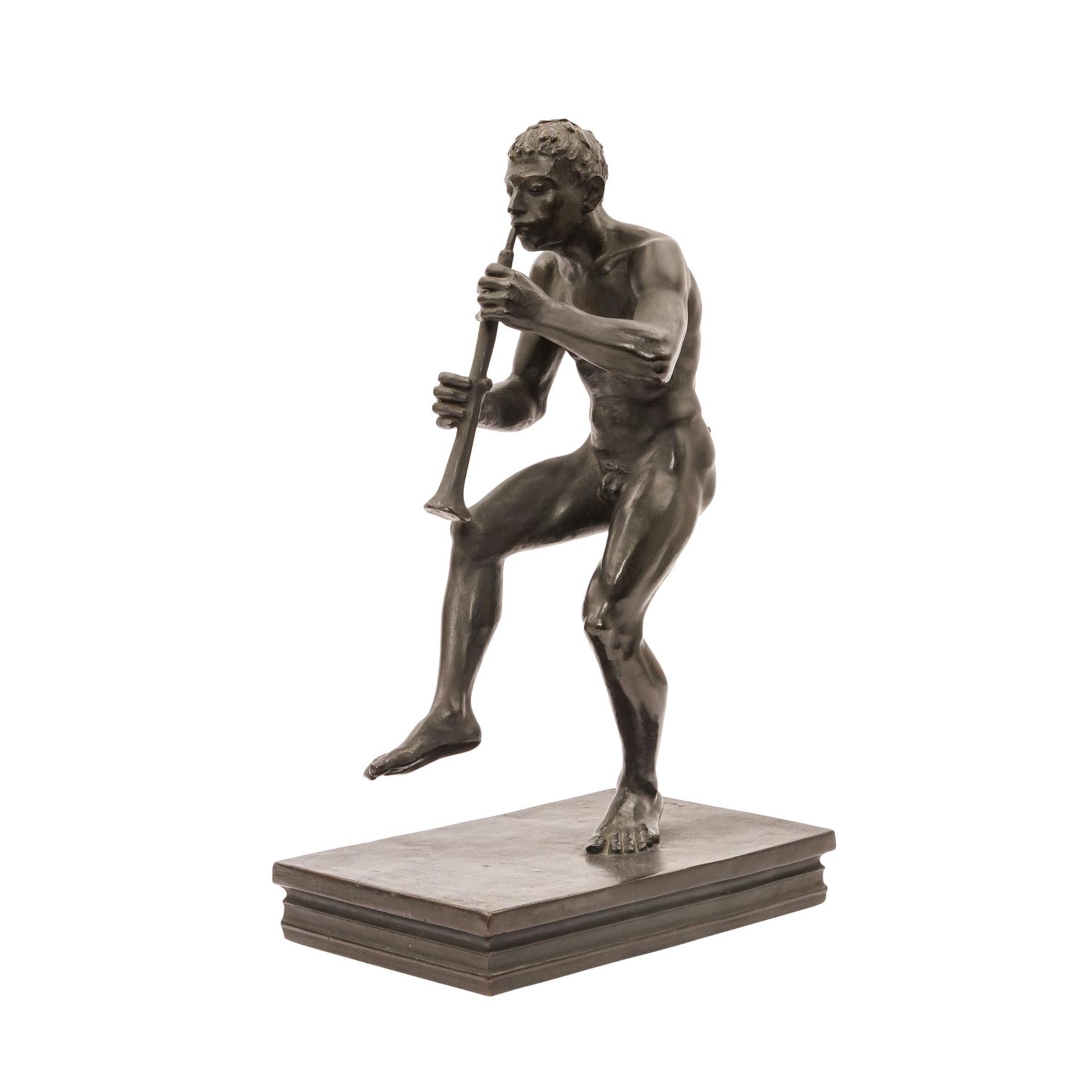 LANG, HERMANN (Heidenheim 1856-1916 München), "Tanzender Faun mit Oboe",Bronze, schwarz patiniert,