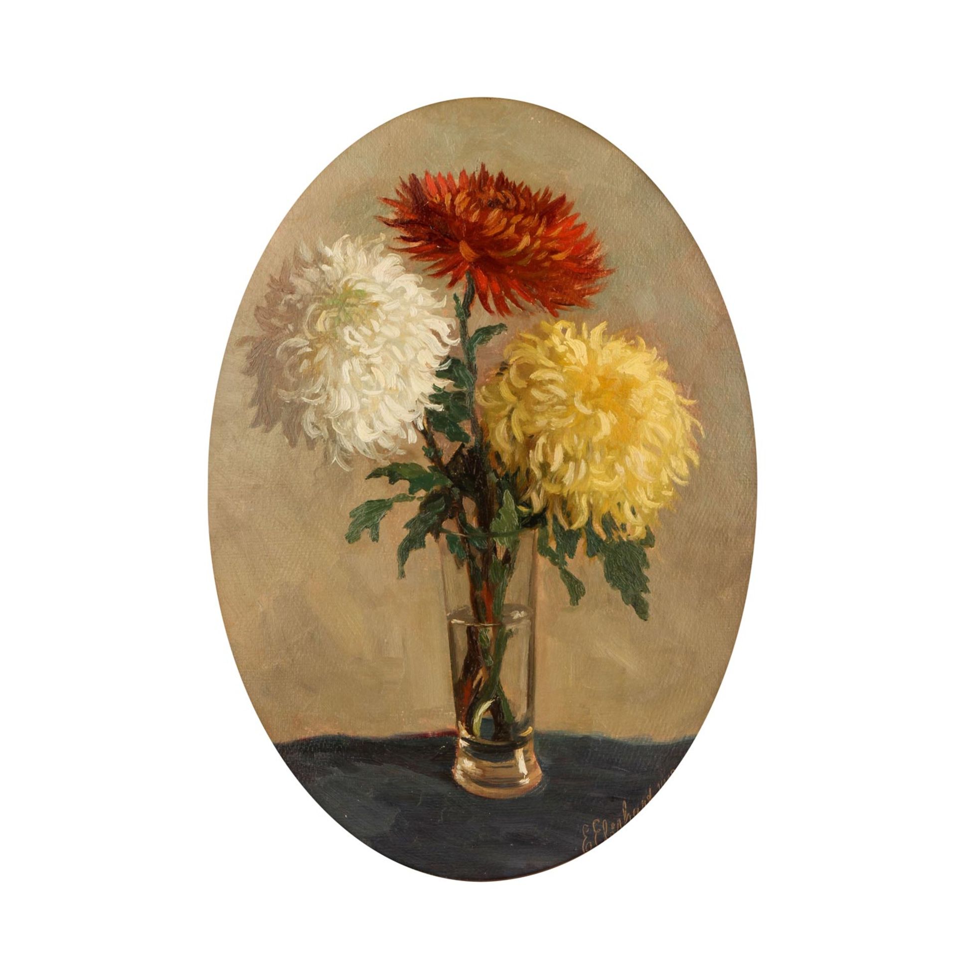 EBERHARD. E. (Maler/in 19./20. Jh.), "Stillleben mit drei Chrysanthemen in Glasvase",u.re. Ritzsign.