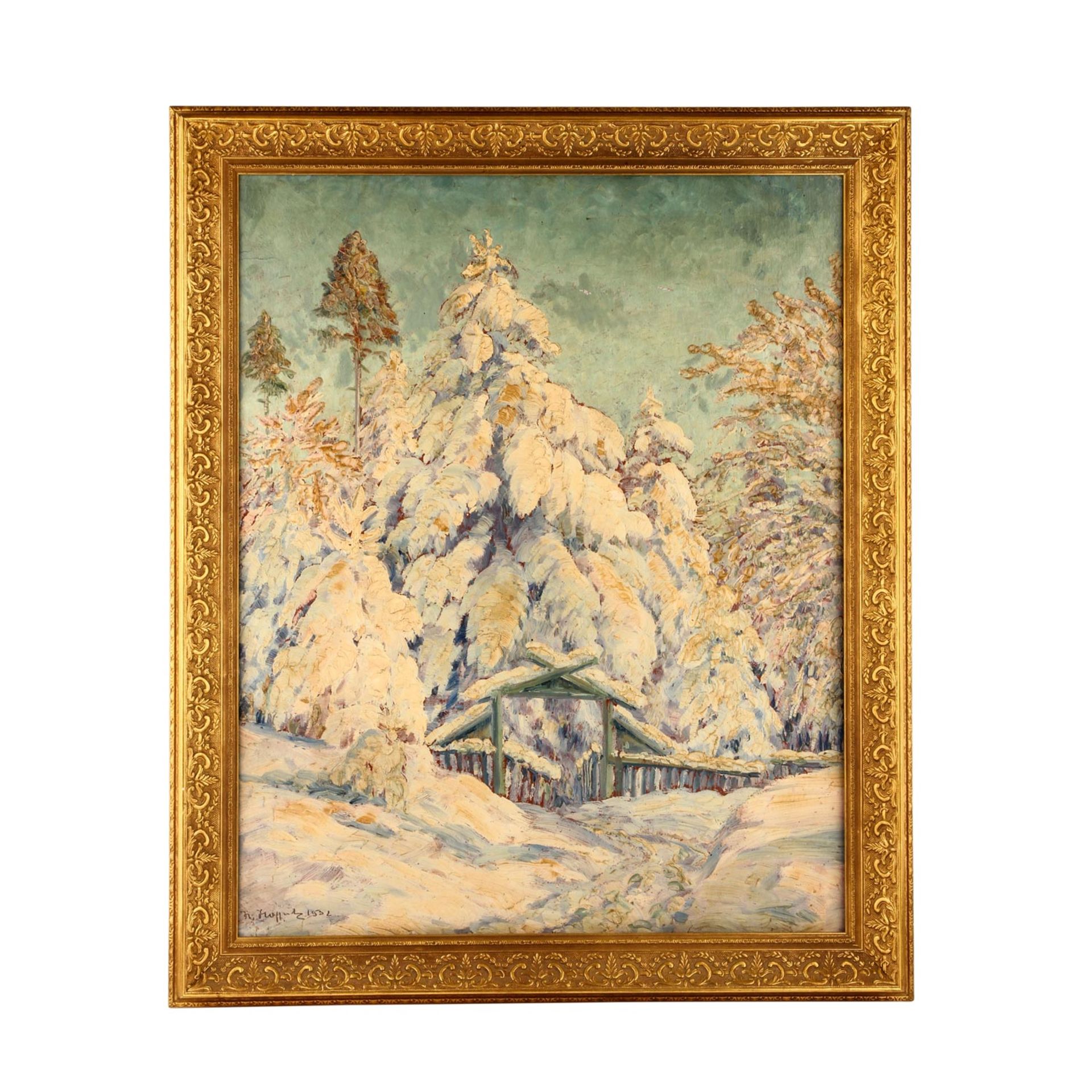 HOFFRITZ, HEINRICH (Maler 19./20. Jh.), "Romantische Winterlandschaft mit verschneiten Tannen",u.li. - Bild 2 aus 4