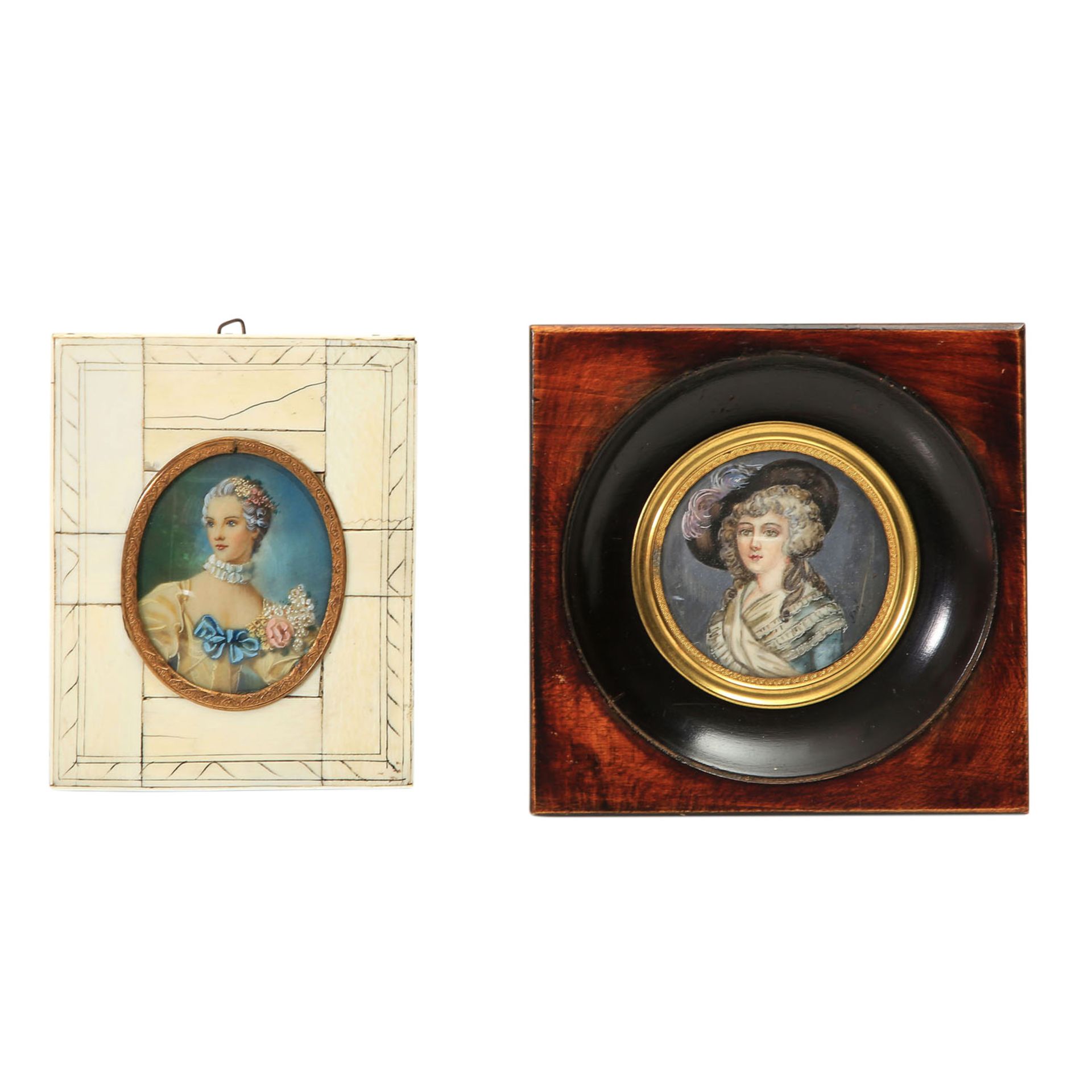 2 Miniaturen mit Damenportraits, 1900-1945.Eine in rundem, die andere in ovalem Format, u.a.