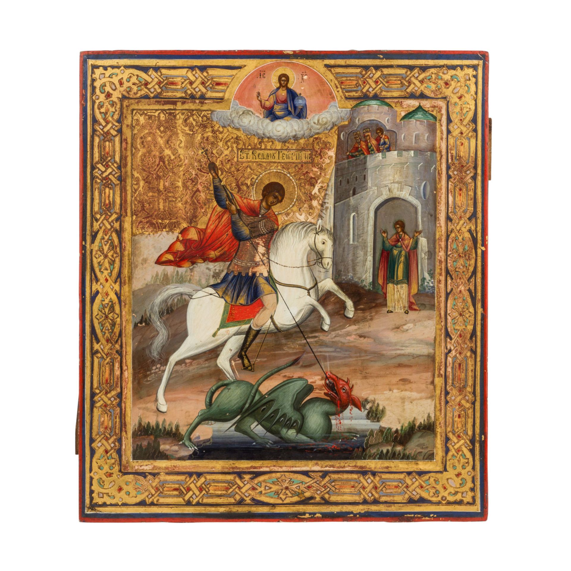 IKONE "Heiliger Georg", Russland, 19. Jh.,Darstellung des Hl. Georgs zu Pferd bei der Tötung des