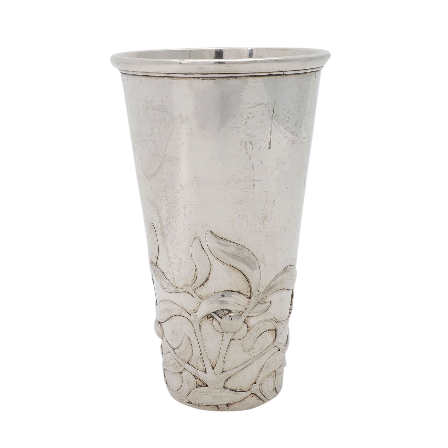 DÄNEMARK Jugendstil-Vase, Silber, um 1909.CHRISTIAN F. HEISE, hohe, konische Form mit Reliefdekor