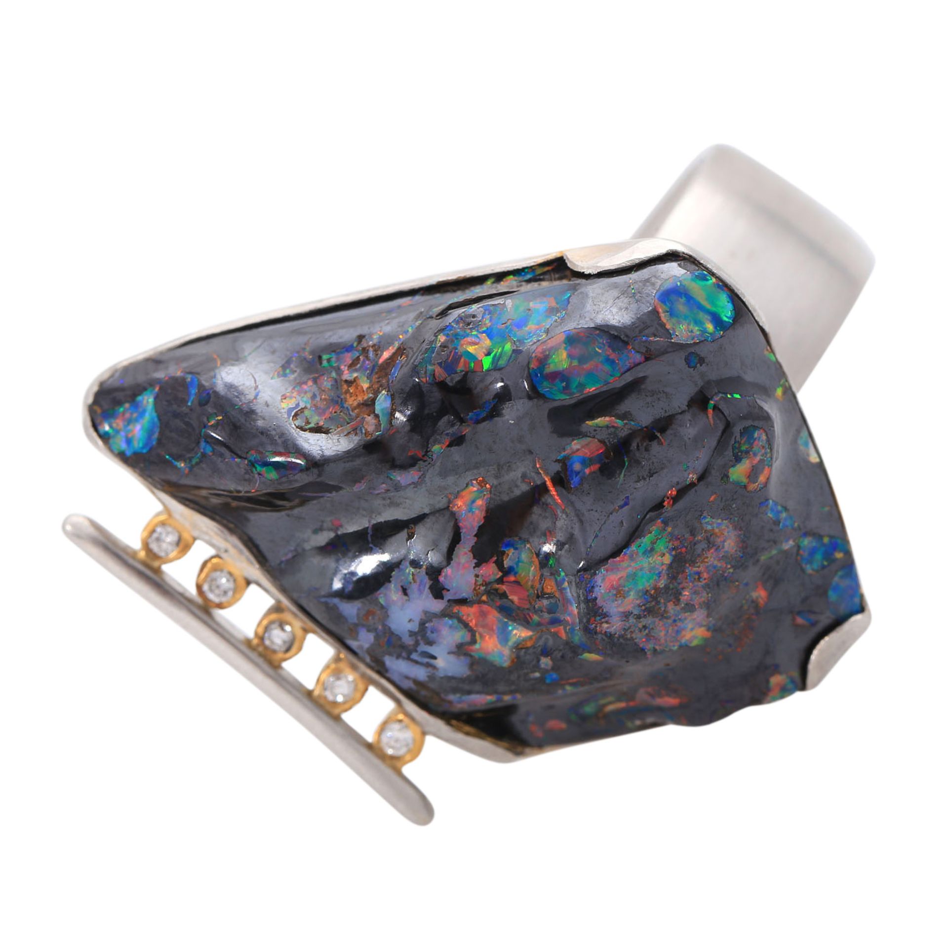 Ring mit einem Boulderopal,ca. 3x2 cm, gefasst in Platin mit 5 Brillanten, zus. ca. 0,05 ct, guter - Bild 5 aus 6