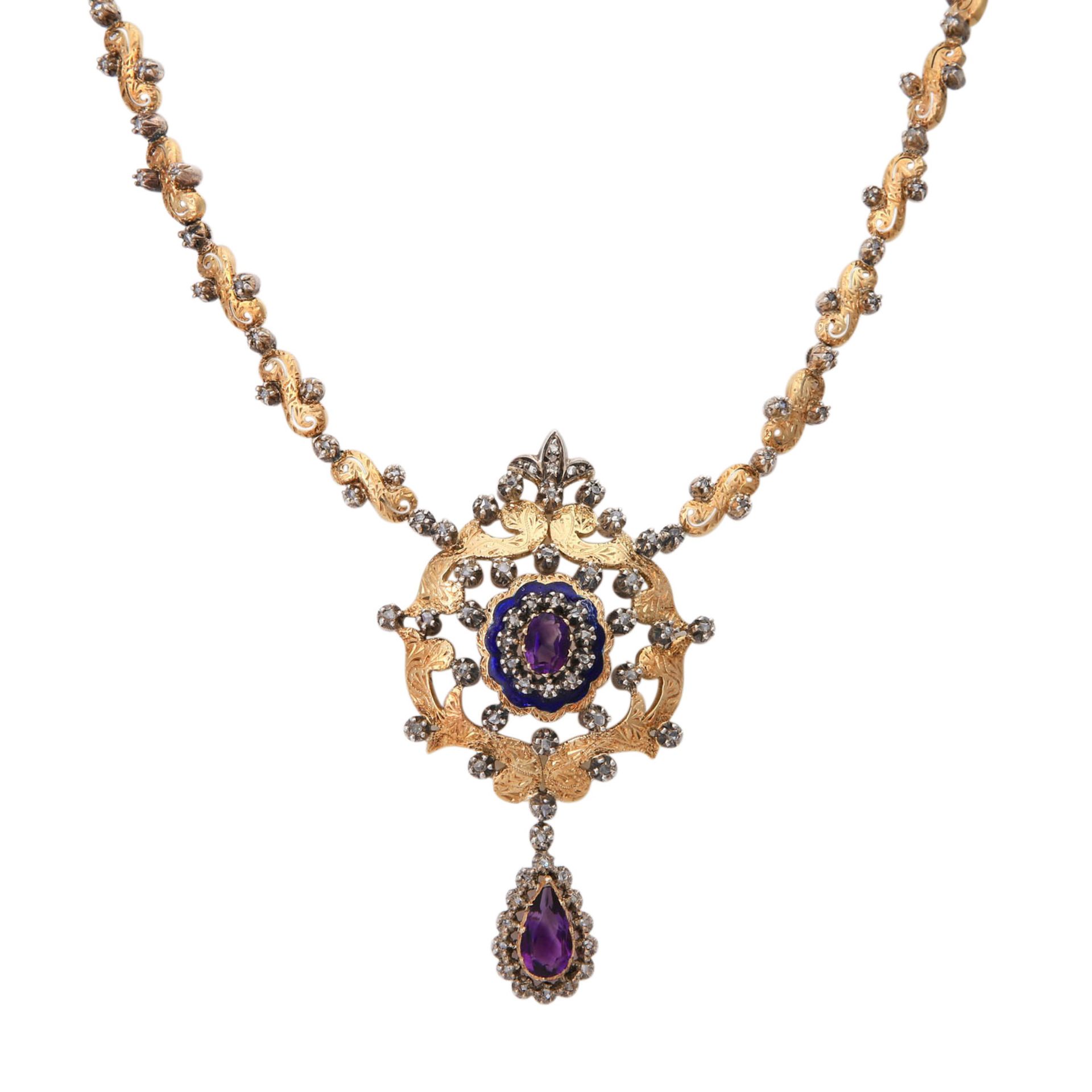 Historistische Demi-Parure mit Amethysten und Diamantenzus. ca. 2,7 ct, GG 14K, best. aus Collier ( - Bild 2 aus 8