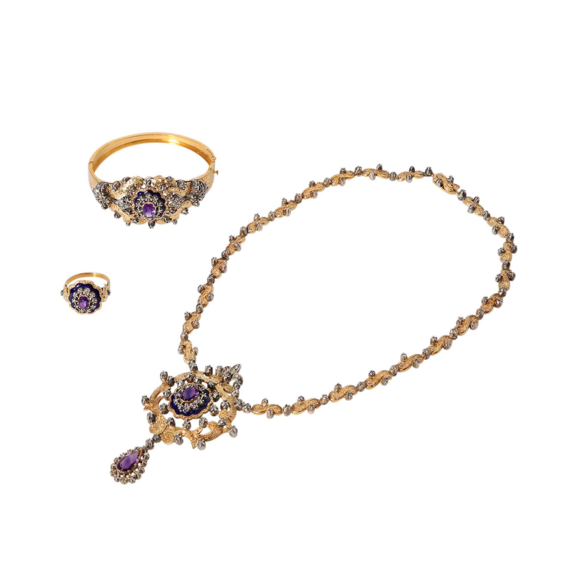 Historistische Demi-Parure mit Amethysten und Diamantenzus. ca. 2,7 ct, GG 14K, best. aus Collier (