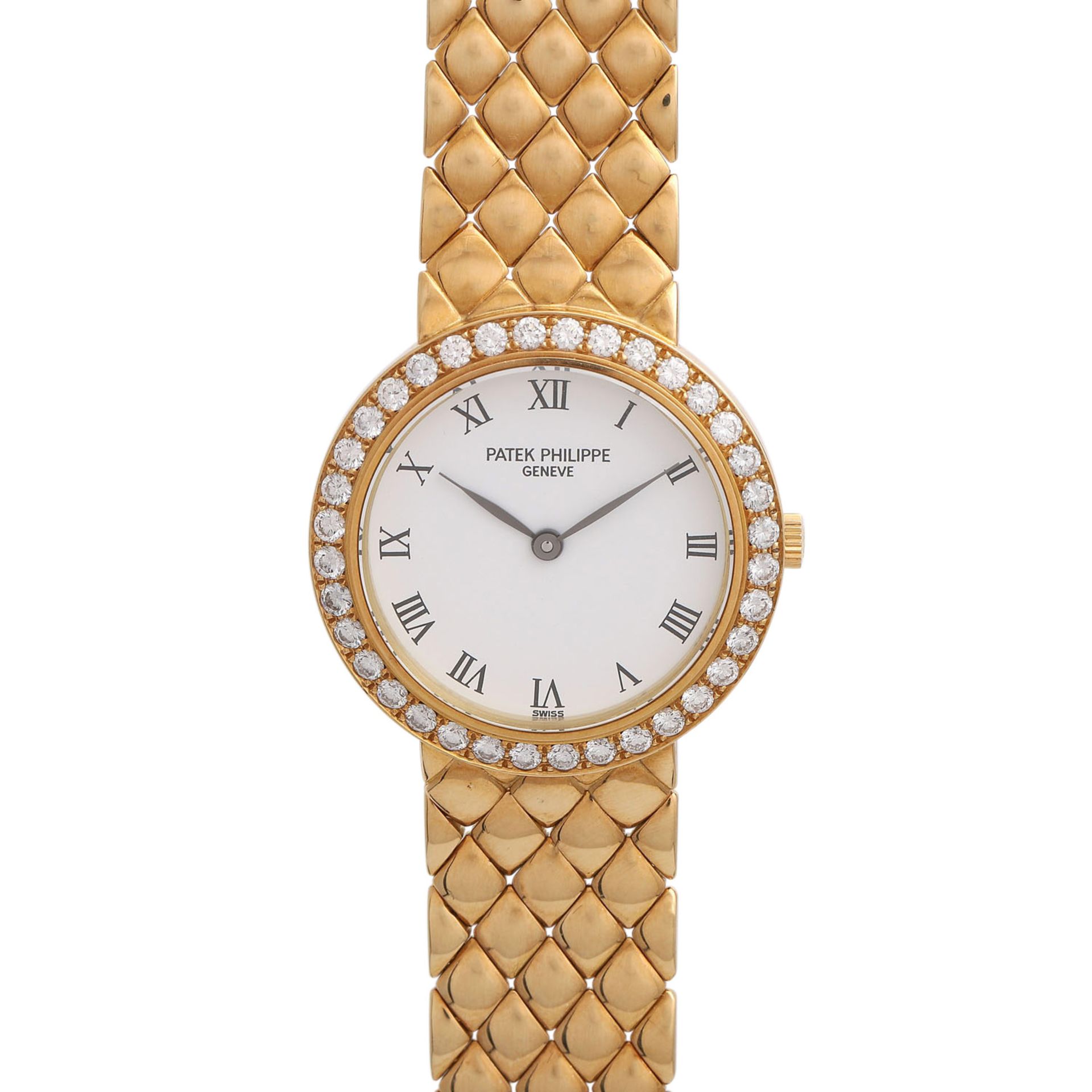 PATEK PHILIPPE Calatrava Damenuhr, Ref. 4820/1. Gold.Diamant-Lünette. Quarz-Werk, Cal. E15, Werk-Nr.