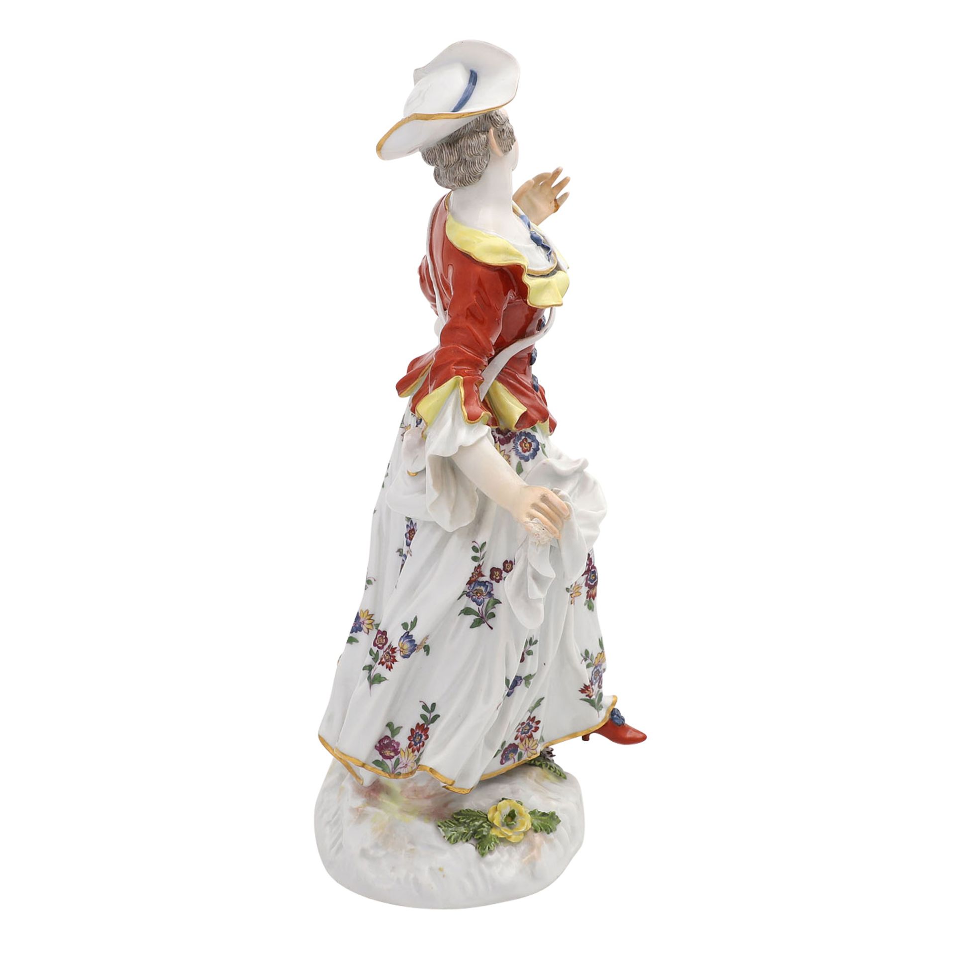 MEISSEN 'Dame mit Tasche', nach 1860.Weißporzellan mit polychromer Fassung, Dame in barocker - Bild 3 aus 6