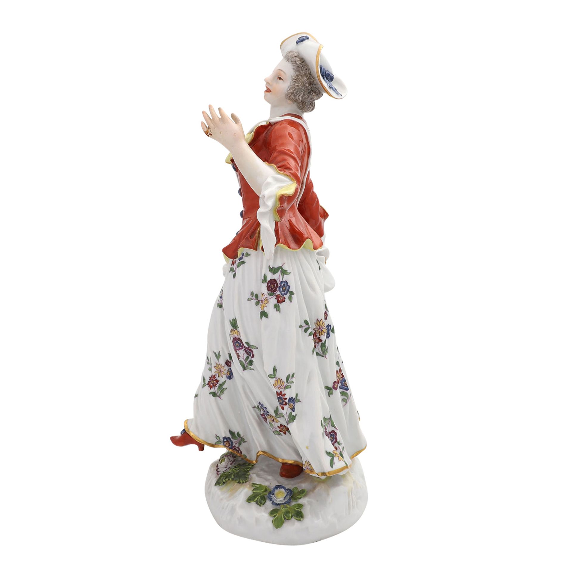 MEISSEN 'Dame mit Tasche', nach 1860.Weißporzellan mit polychromer Fassung, Dame in barocker - Bild 5 aus 6