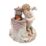 MEISSEN 'Amor, Herzen weich kochend', nach 1860.Weißporzellan mit polychromer Fassung, vor einem