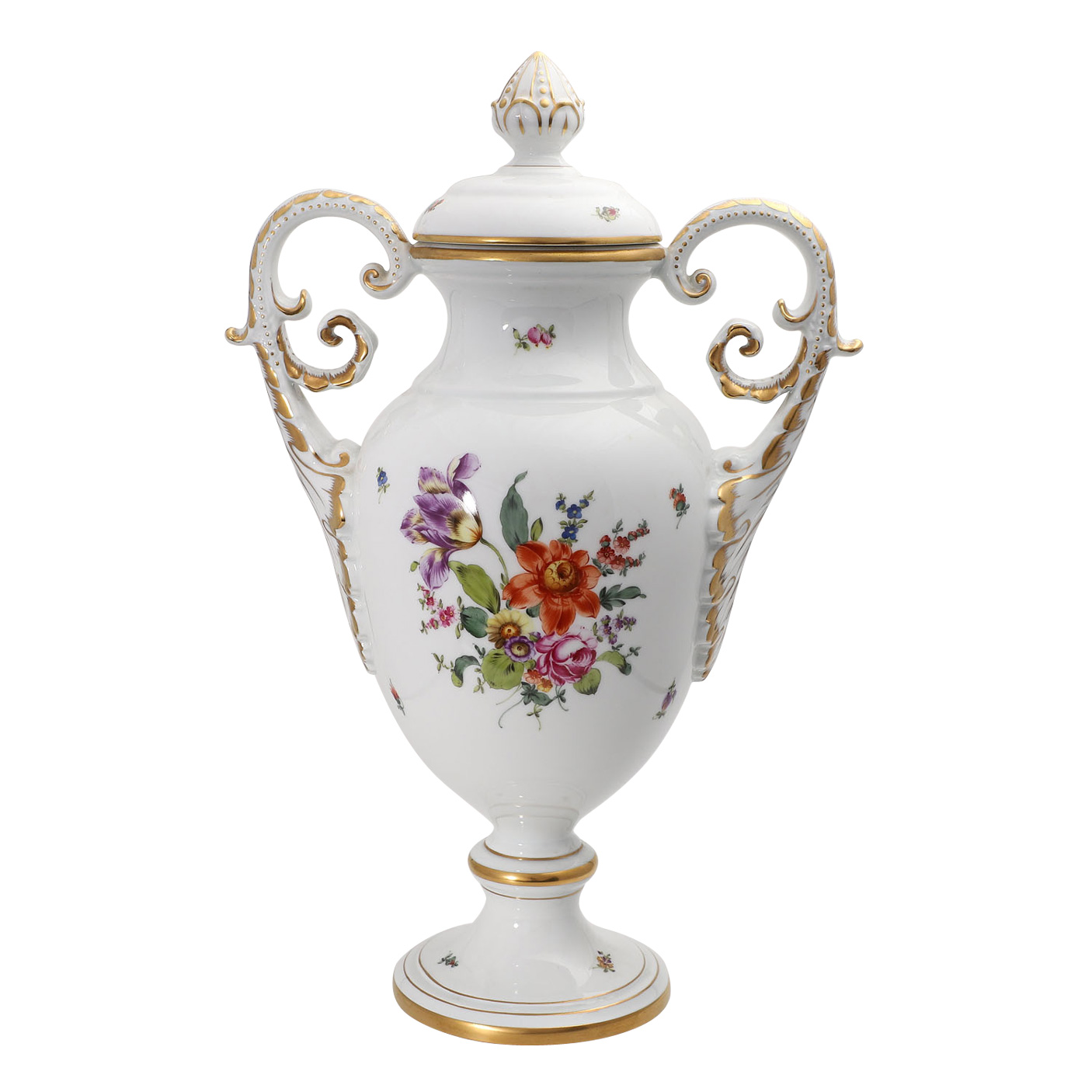 HEREND Deckelvase, 20. Jh..Weißporzellan mit polychromem Blumendekor und reicher Goldstaffage,