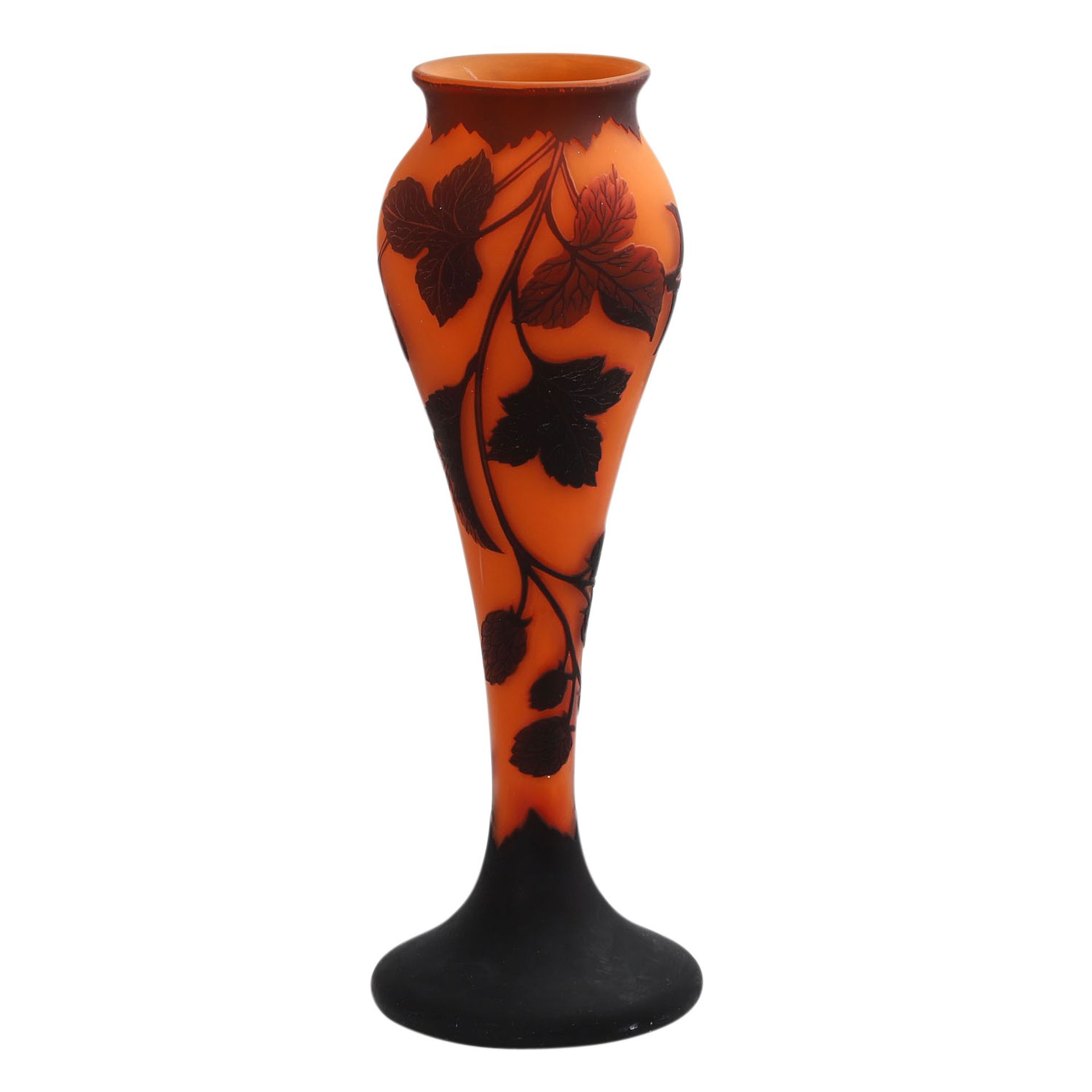 Vase 'Hopfenzweige', 20. Jh..Keulenförmige Vase auf Rundstand, überfangen, orange, braun, mit