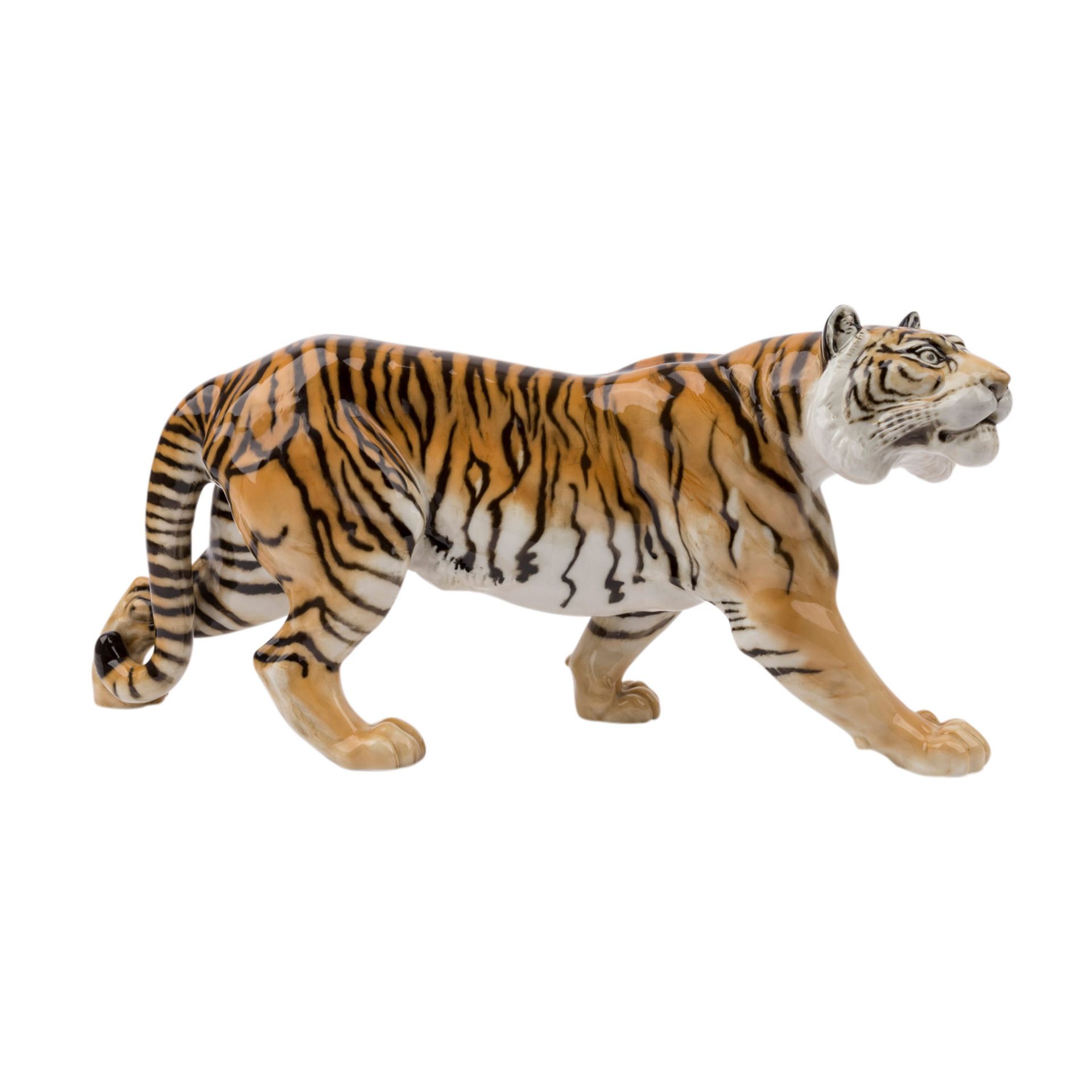 HUTSCHENREUTHER 'Schreitender Tiger', Marke nach 1982.Weißporzellan polychrom gefaßt, L. ca. 57cm. - Bild 2 aus 5