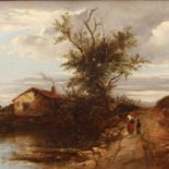MÜLLER, K./R. (Maler 19. Jh.), "Romantische Landschaft mit kleinem Haus am See",auf dem Uferweg eine