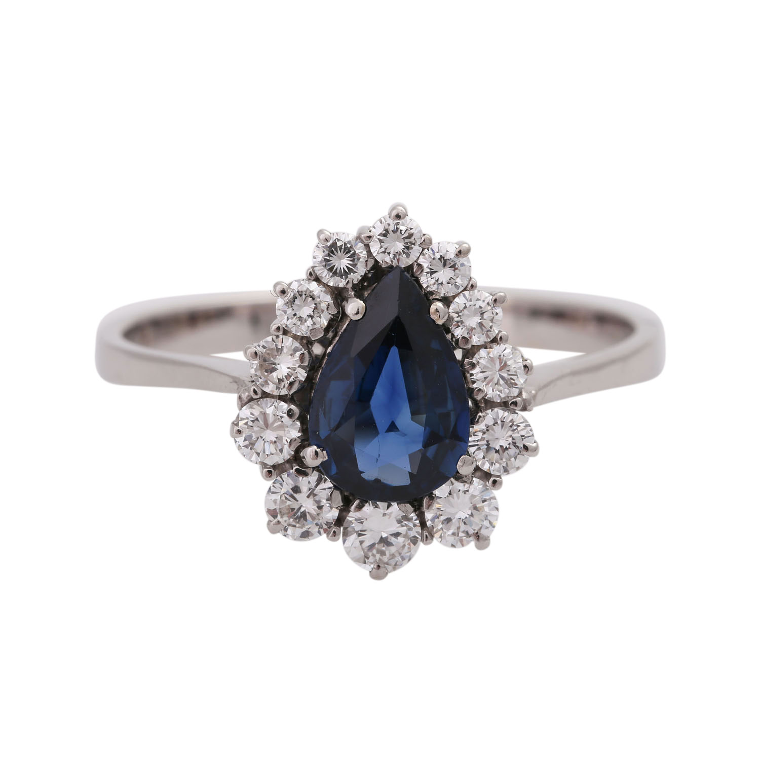 Ring mit 1 Saphirtropfen, facettiert, ca. 1,2 ct,im Verlauf entouriert von 12 Brillanten, zus. ca.