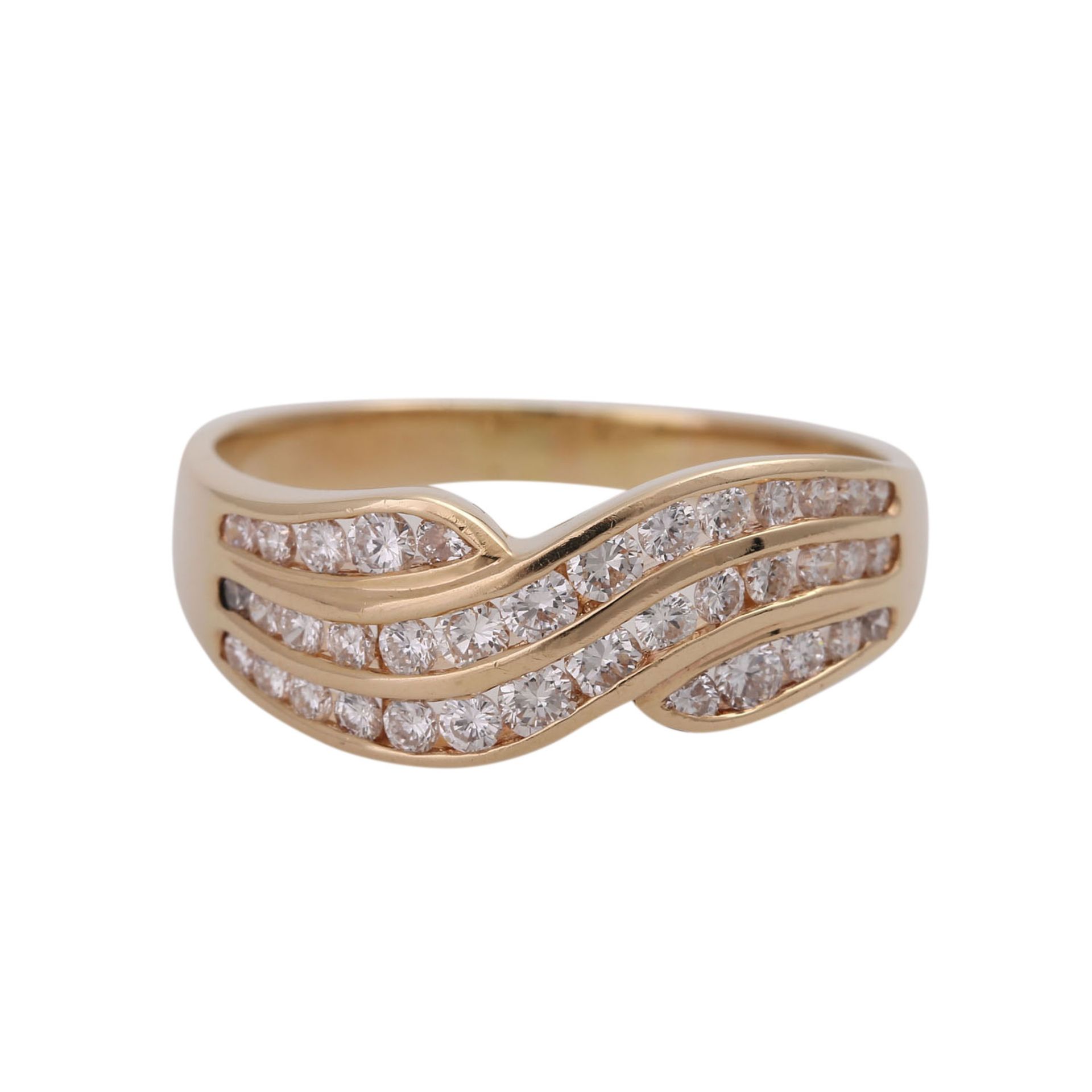 Ring mit Brillanten, zus. ca. 0,8 ct,guter Farb- und Reinheitsgrad, GG 14K, RW 58, Anordnung in 3
