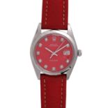 ROLEX Oyster Datejust Herrenuhr, Ref. 6694, ca. 1970er Jahre. Edelstahl.Rotes Zifferblatt mit