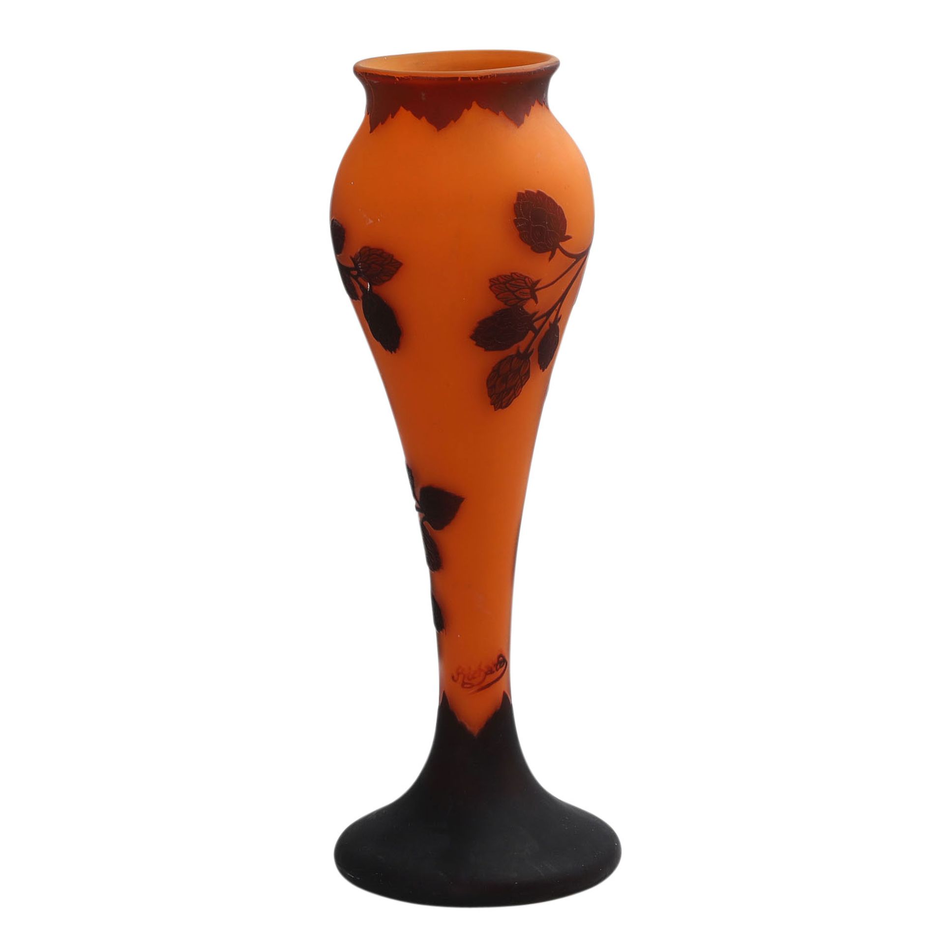 Vase 'Hopfenzweige', 20. Jh..Keulenförmige Vase auf Rundstand, überfangen, orange, braun, mit - Image 3 of 5