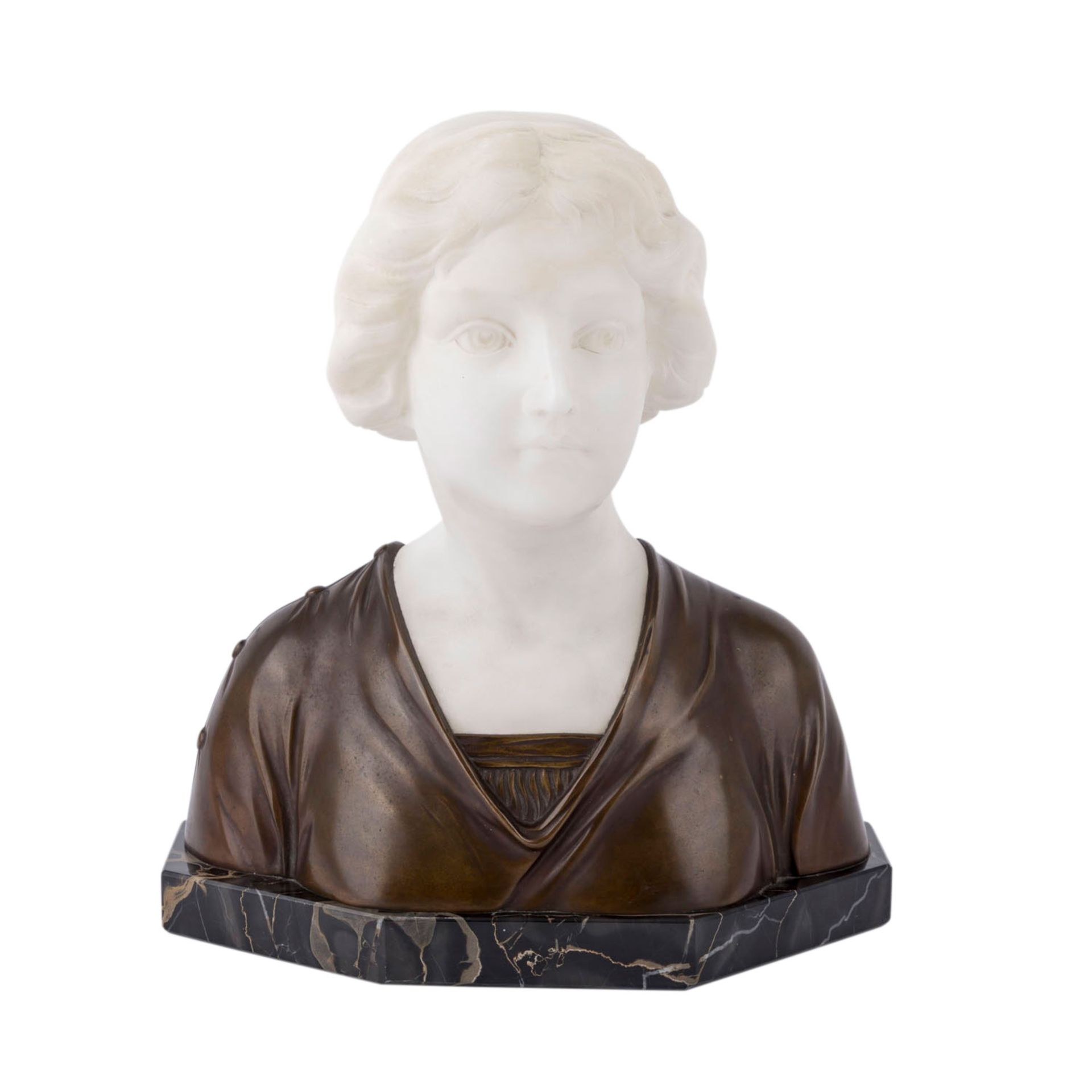 JUGENDSTIL Büste einer jungen Frau, um 1900.Alabaster und Bronze, signiert 'Latour' (?),