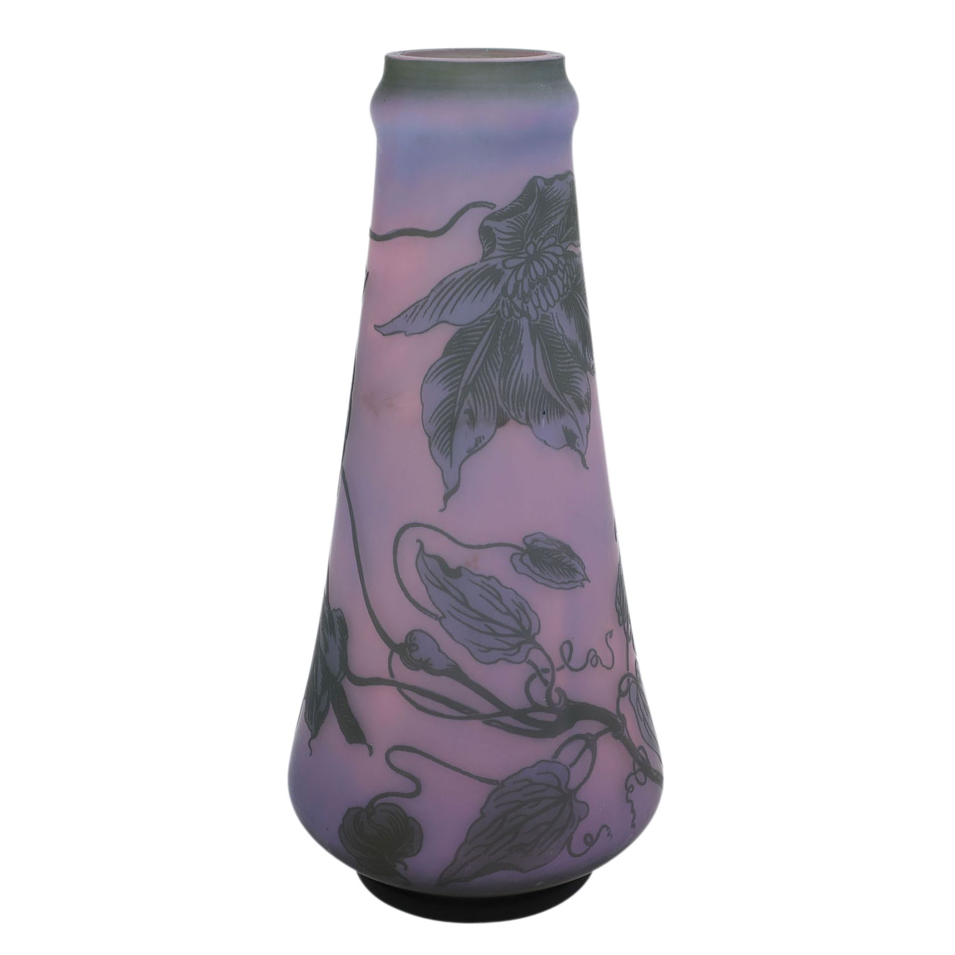 Vase 'Clematis', 20. Jh..Keulenförmige Vase, überfangen, rosa, lila, grau, mit einem Dekor von