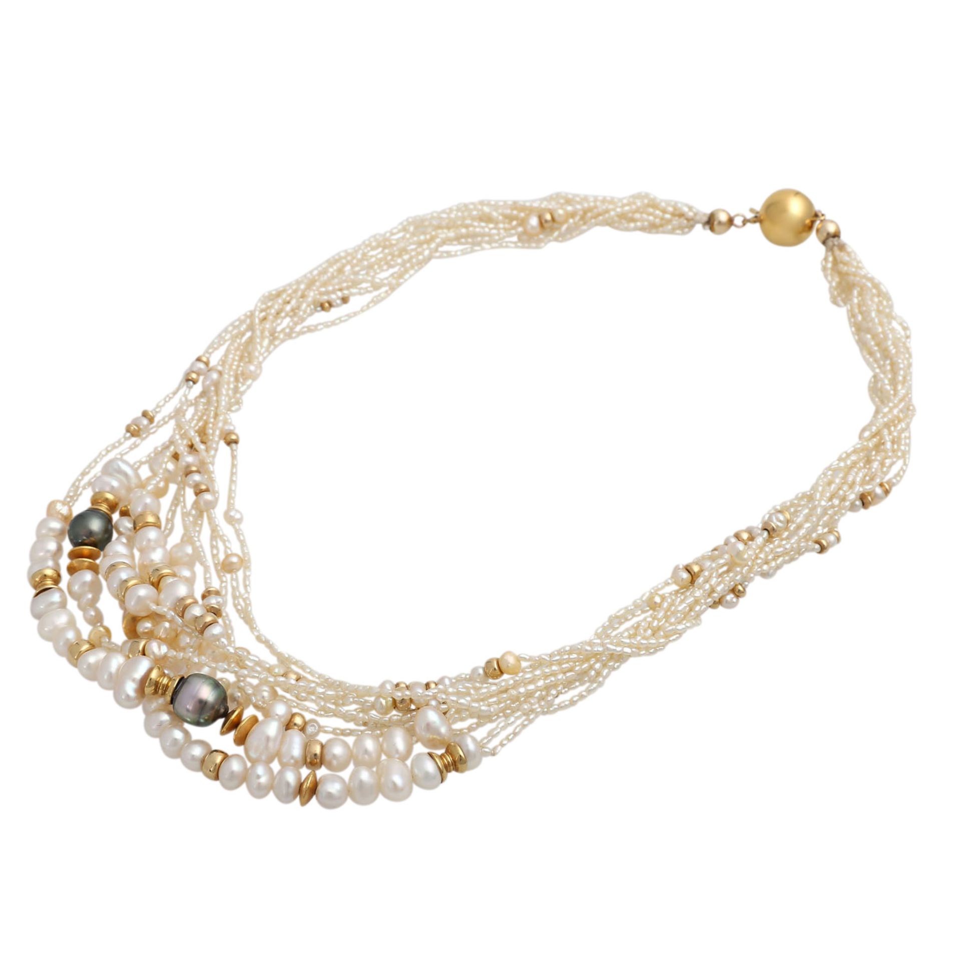 Mehrreihige Perlenkette mit Zwischenteilenaus Silber vergoldet, Schließe GG 14K, Süß- und - Bild 3 aus 4