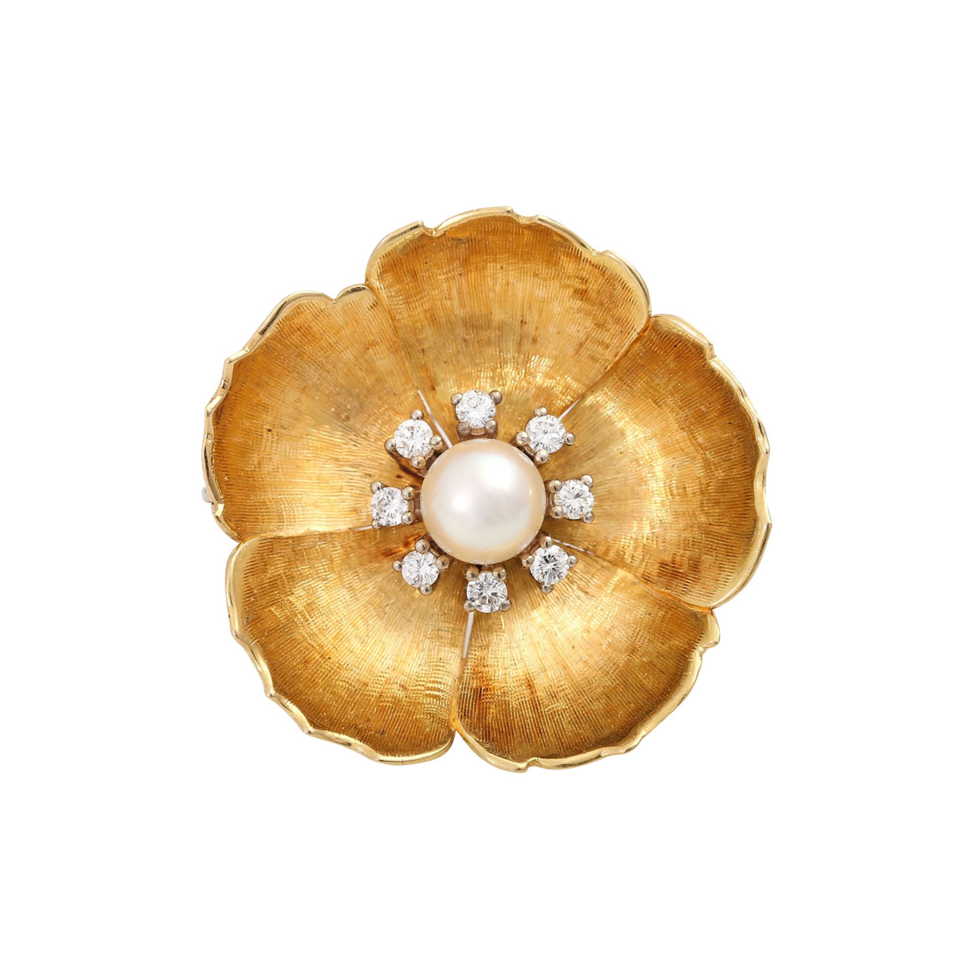 Blütenbrosche mit Perle und Brillantenvon zus. ca. 0,24 ct von guter Farbe u. Reinheit, Zuchtperle