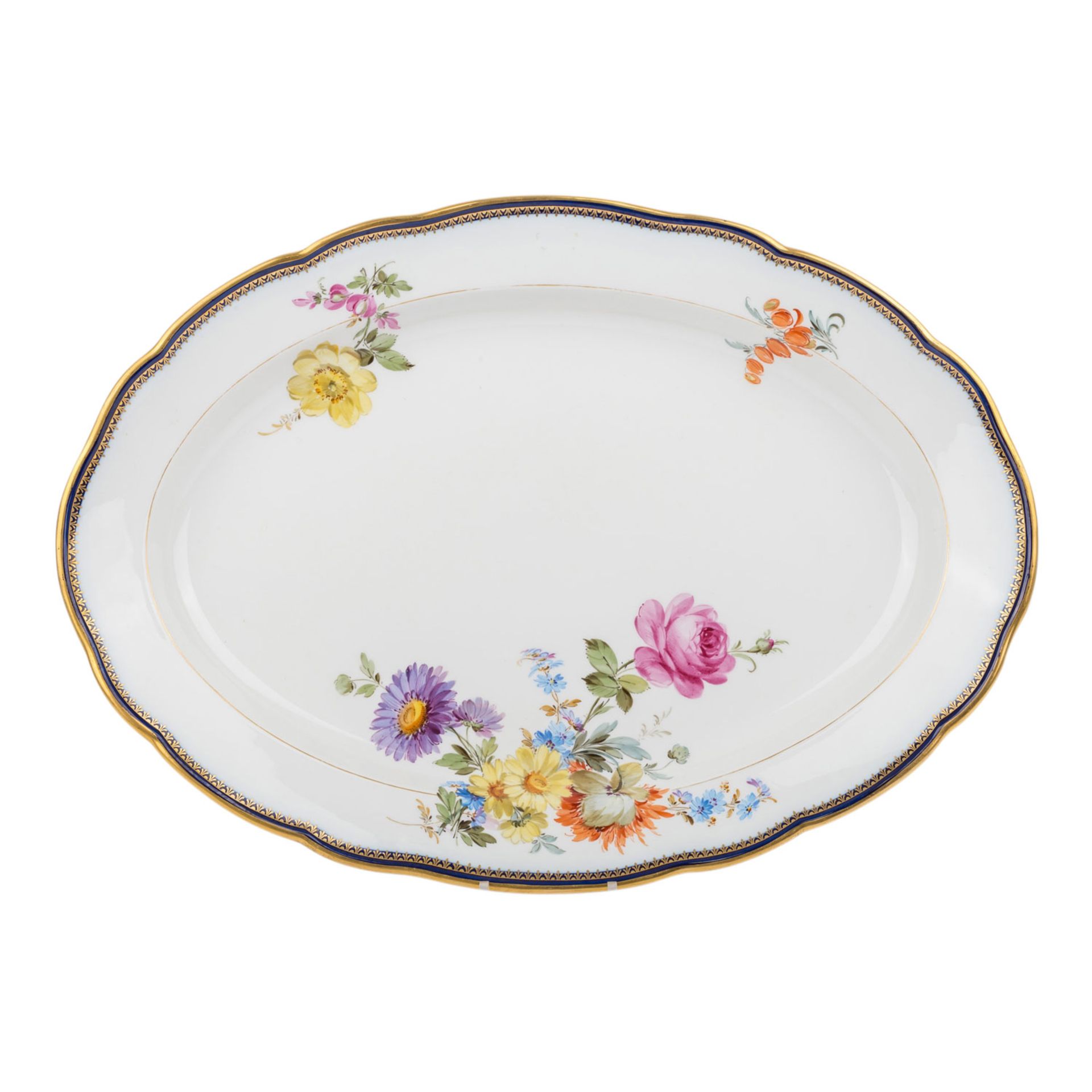 MEISSEN große Ovalplatte, 1860-1924.Dekor "Deutsche Blume" mit Kobaltrand und Goldkante,