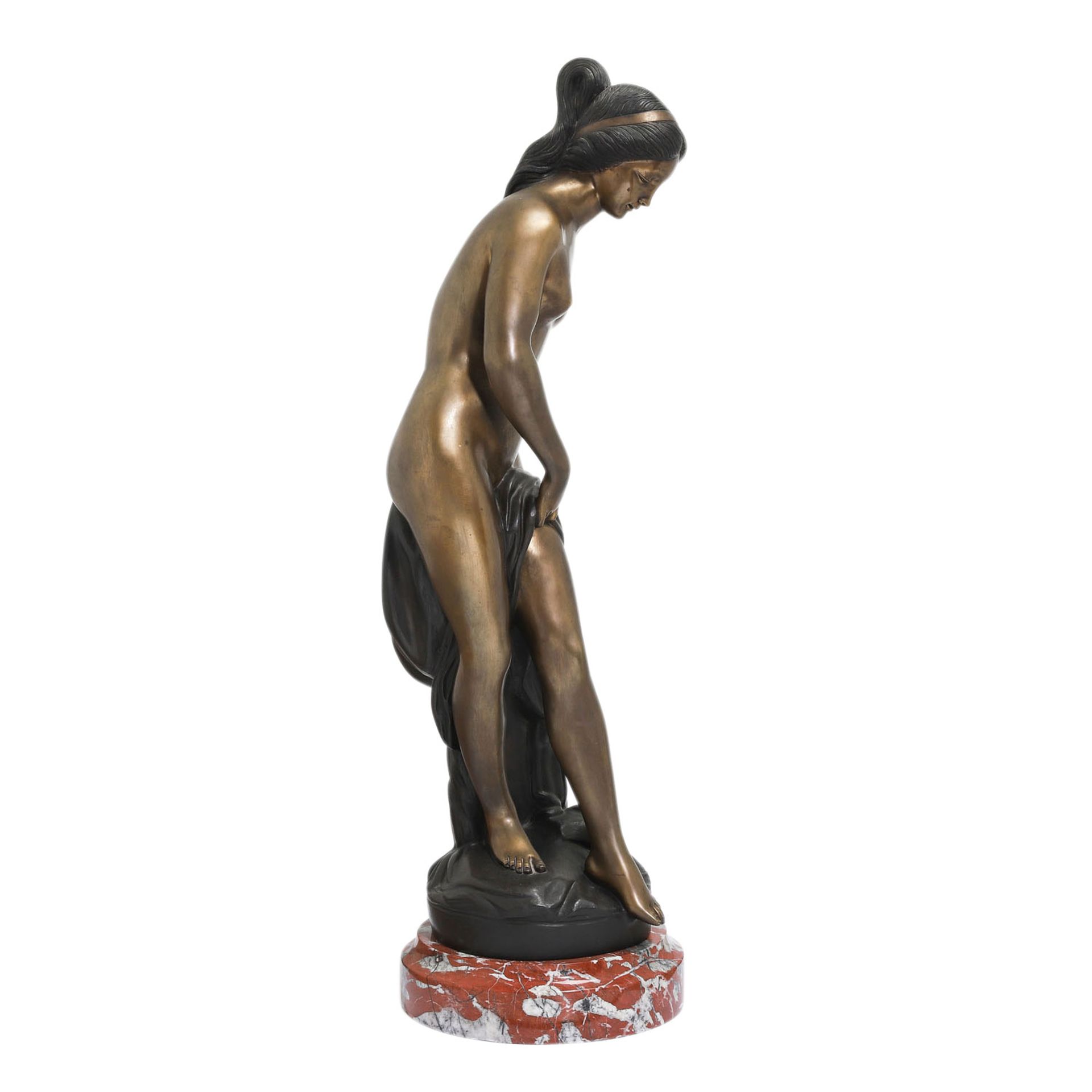 MOREAU 'Badende', 20. Jh..Bronze, stehende weibliche Aktfigur mit Tuch, bez. 'Moreau', auf rundem - Bild 2 aus 6