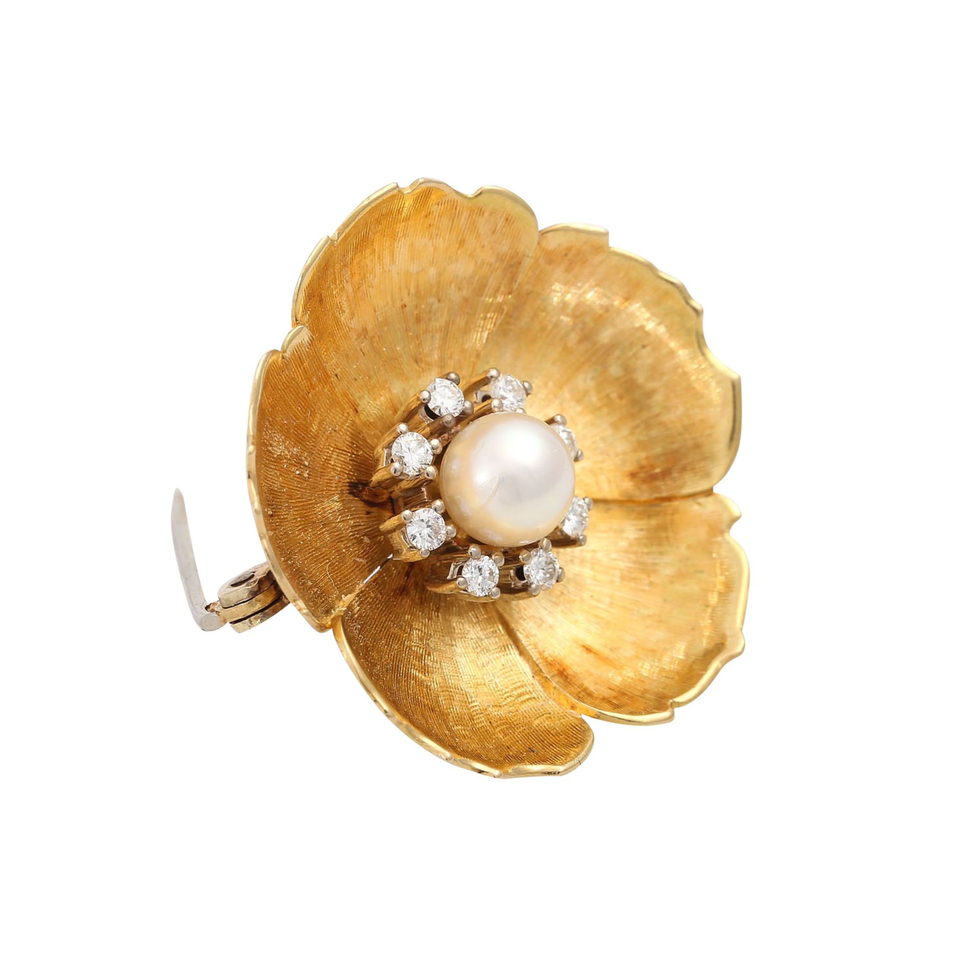 Blütenbrosche mit Perle und Brillantenvon zus. ca. 0,24 ct von guter Farbe u. Reinheit, Zuchtperle - Bild 2 aus 4