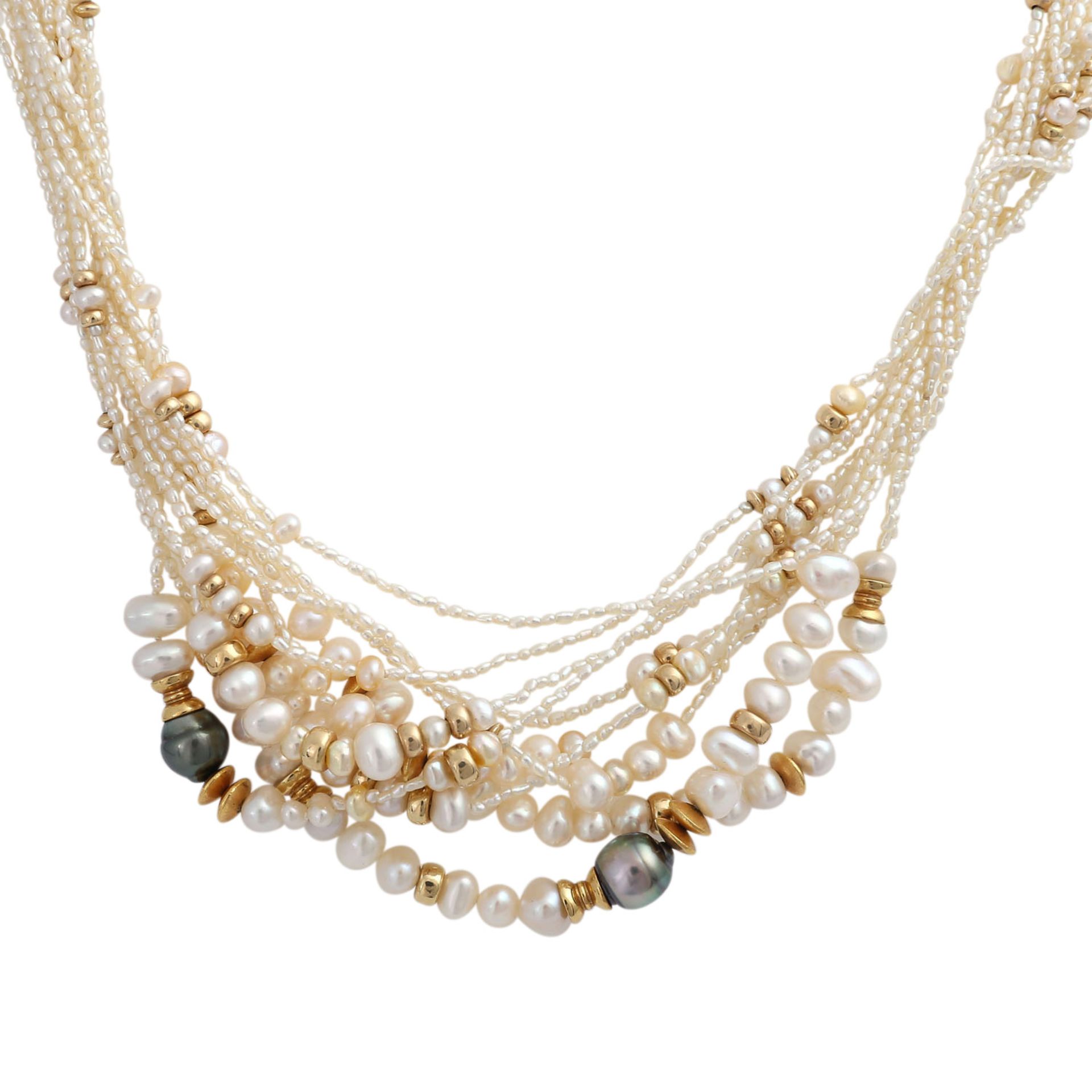 Mehrreihige Perlenkette mit Zwischenteilenaus Silber vergoldet, Schließe GG 14K, Süß- und - Bild 2 aus 4