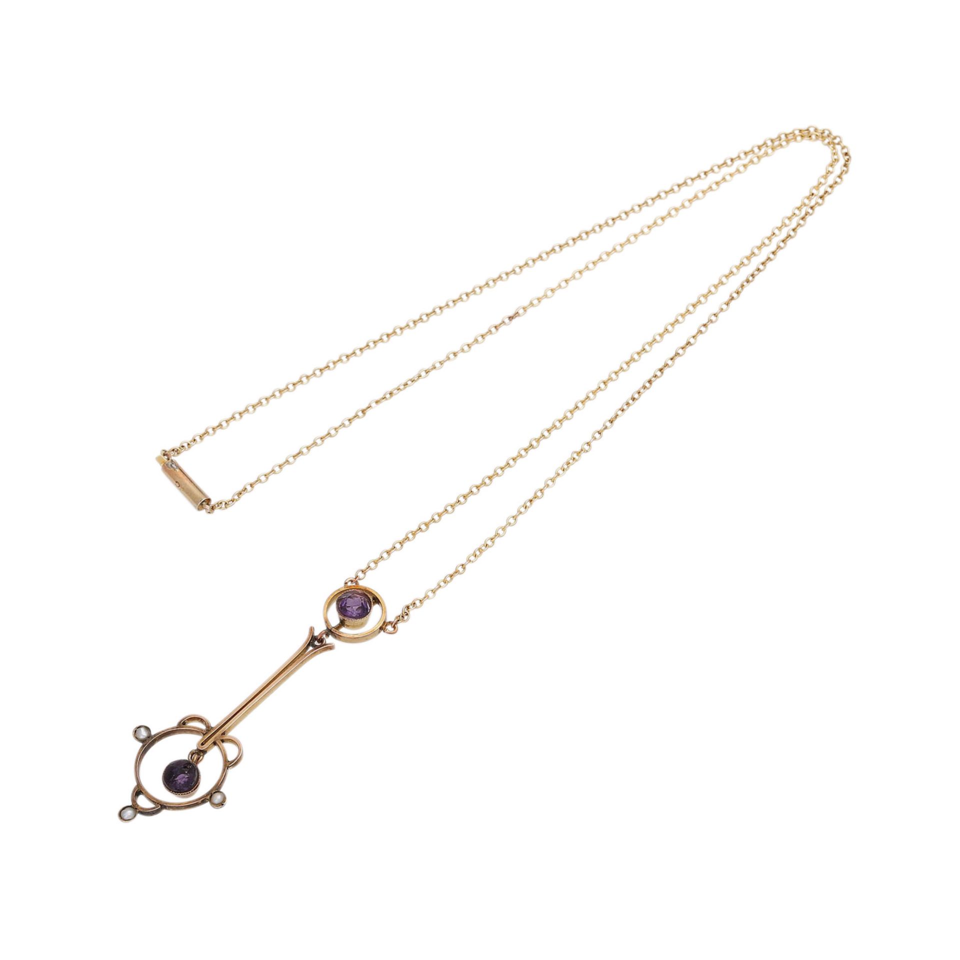 Jugendstil Collier mit kleinen Amethystenund kleinen Perlen, GG 9K, Kettenlänge ca. 39 cm, - Bild 3 aus 4