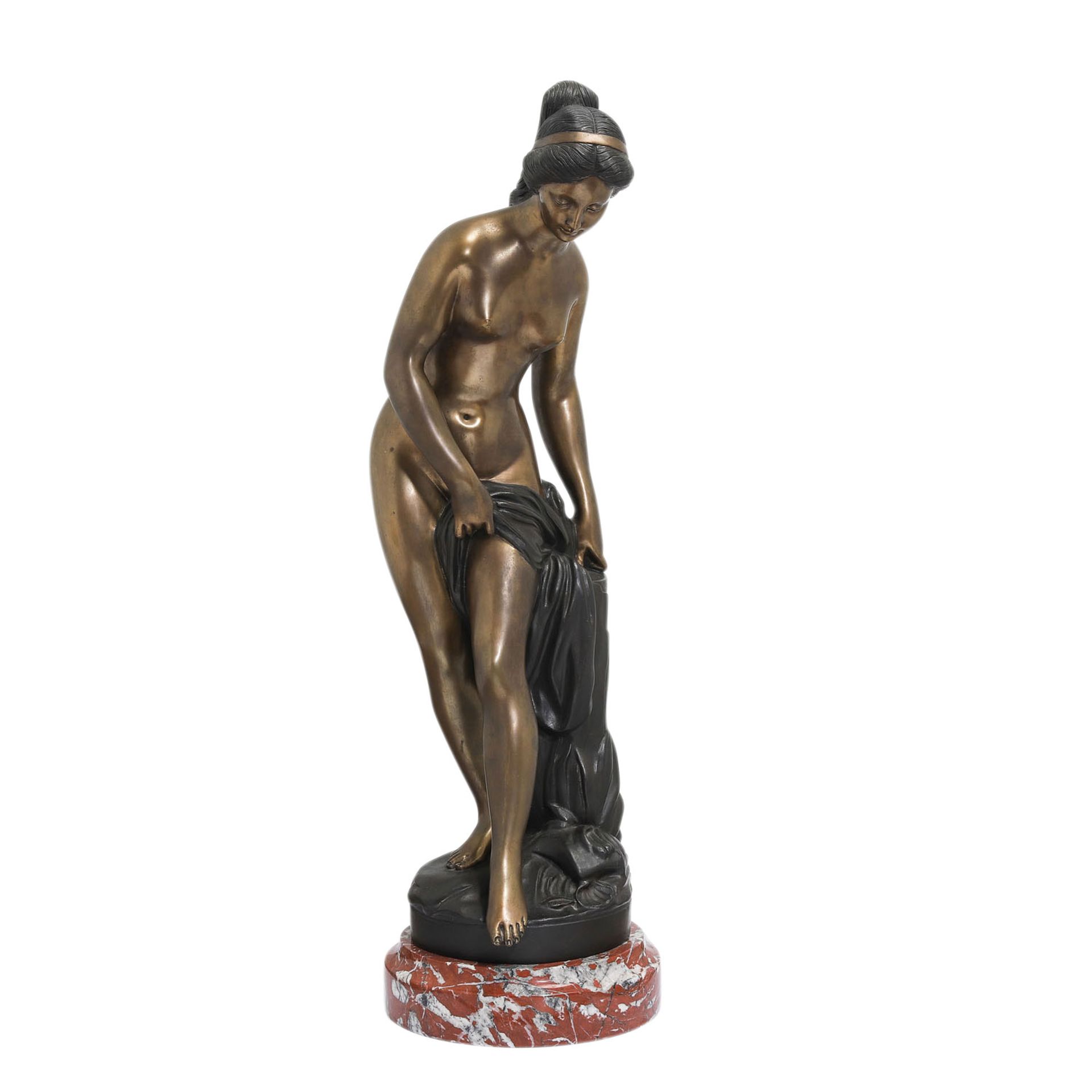 MOREAU 'Badende', 20. Jh..Bronze, stehende weibliche Aktfigur mit Tuch, bez. 'Moreau', auf rundem